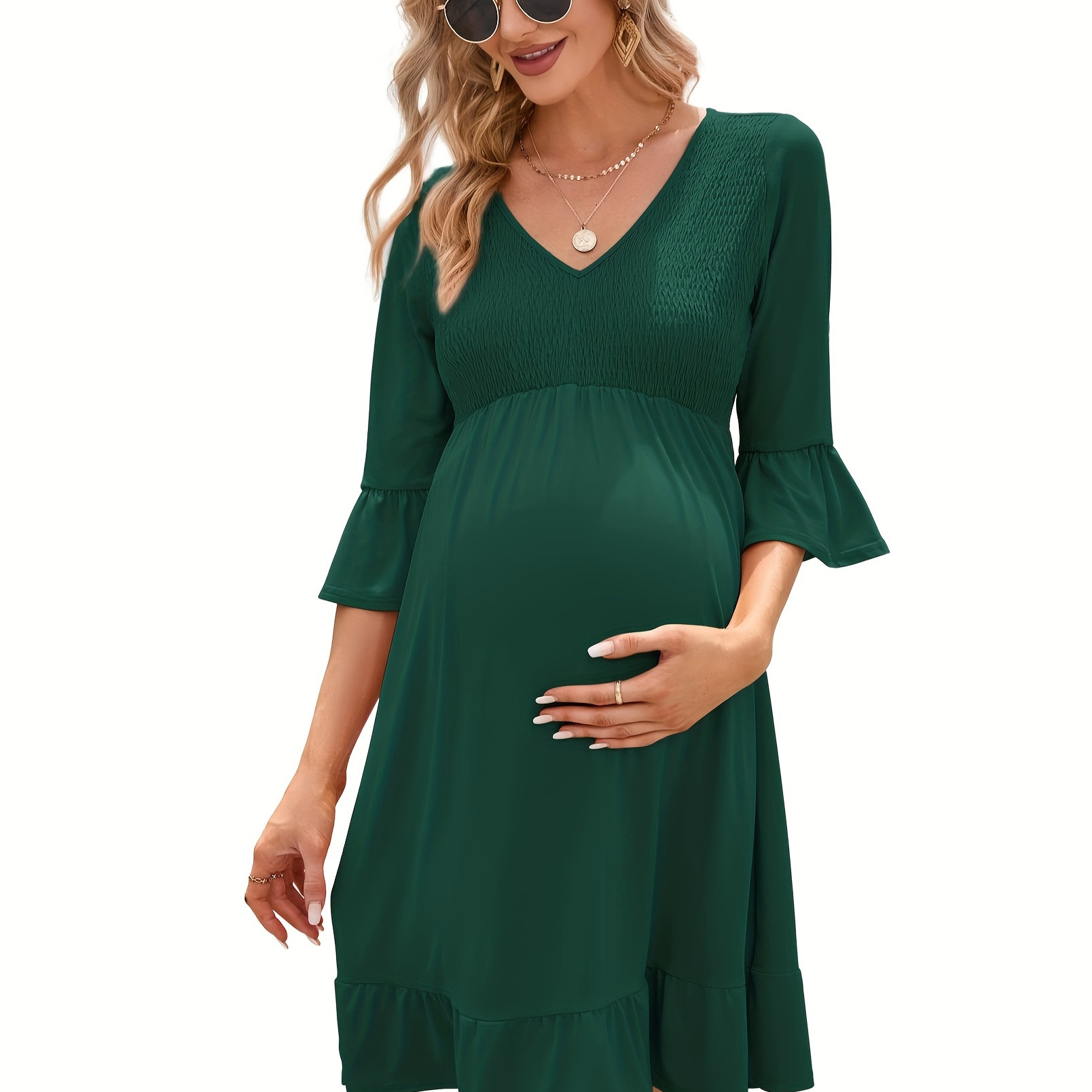 

Maternity Short Sleeve Ruffle Dress V Neck Summer Casual Smocked Flowy Midi Dress For Baby Shower Photoshoot