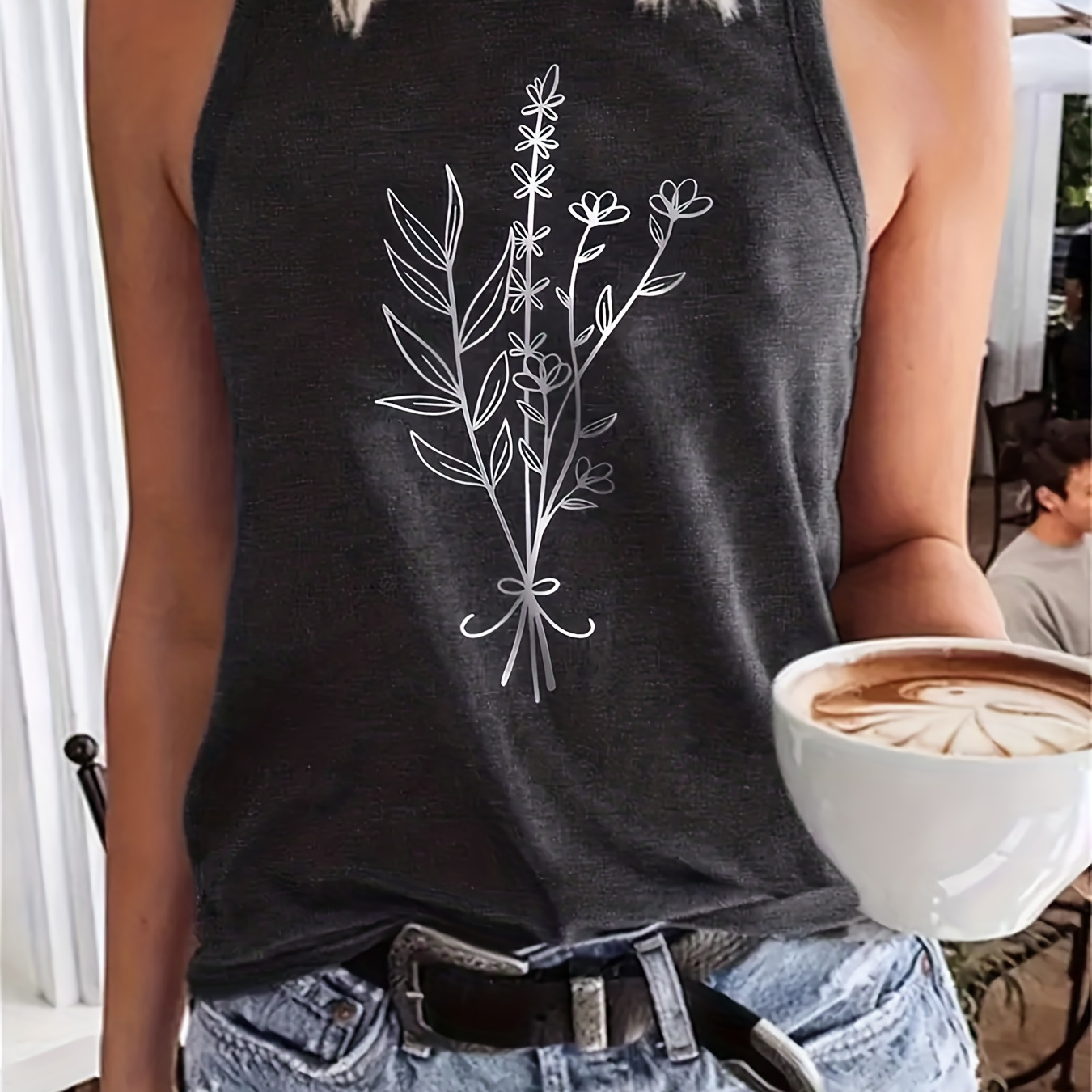 

Plant Print Tank Top, Casual Crew Neck Summer Sleeveless Top, Women's Clothing