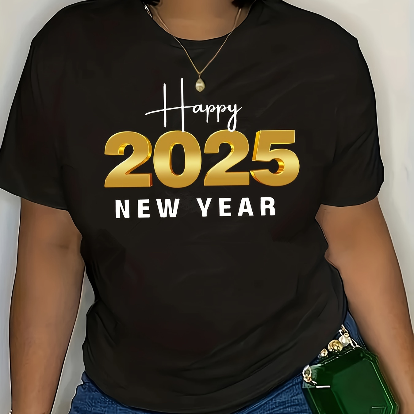 

Happy New Year 2025 Plus Size Casual T-shirt - Crew Neck, Short Sleeve, Stretchy Polyester , Machine Washable - Women'