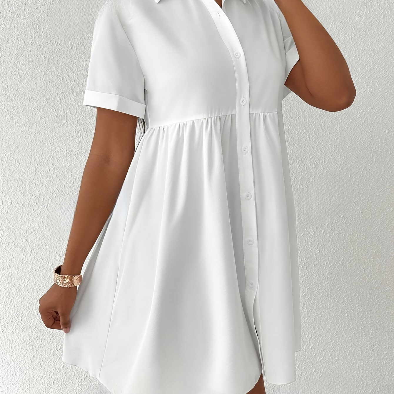 

Elegant Summer Mini Dress For Women - 100% Polyester Short Sleeve Shirt Dress With Lapel Collar, Solid Color, Button , And Hem