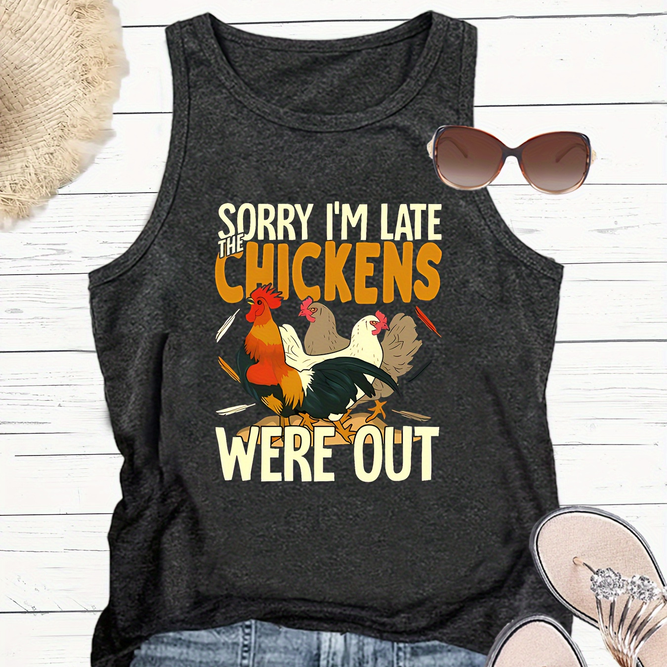 

Chicken & Letter Print Crew Neck Tank Top, Casual Sleeveless Tank Top For Summer, Women's Clothing