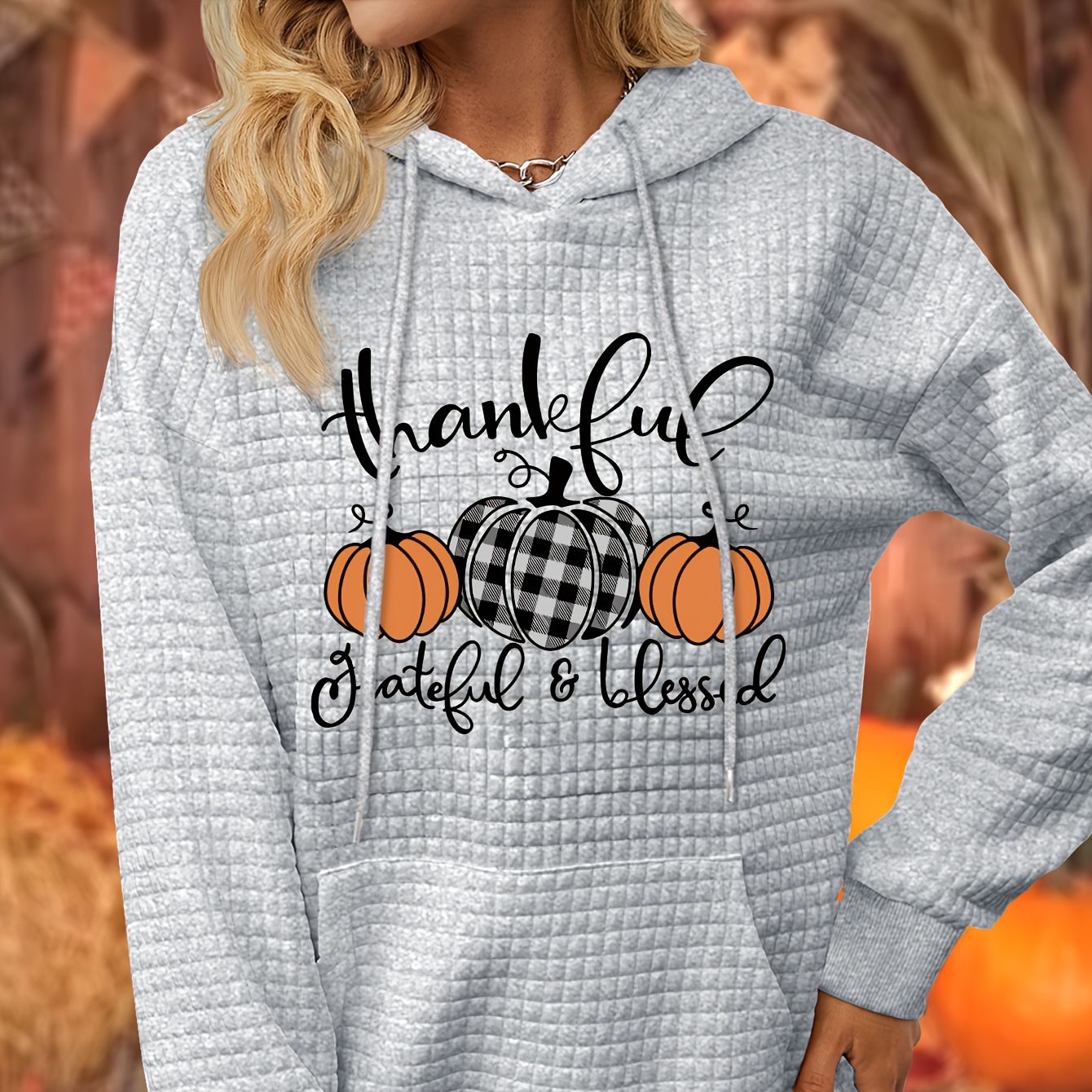 

Women's Casual Hoodie With Thanksgiving , Waffle Knit Polyester Sweatshirt With Kangaroo Pocket, Applique Detail, Regular Length Pullovers For Fall/winter