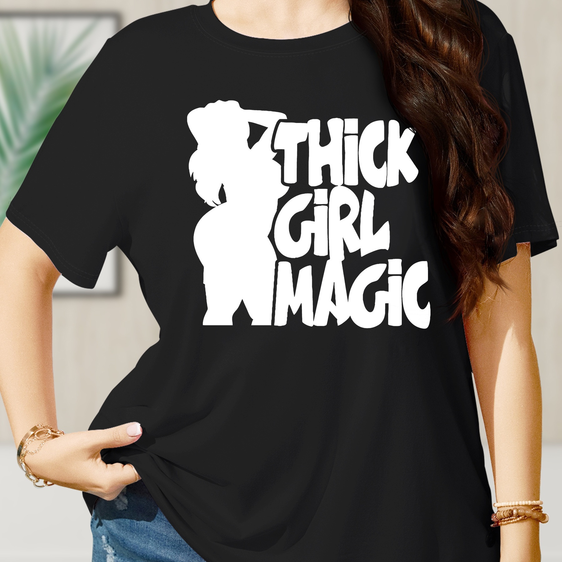 

Size Women's T-shirt With Fashionable Letter Print - Casual Crew Neck, Short Sleeve Top, Breathable Polyester - Spring/summer