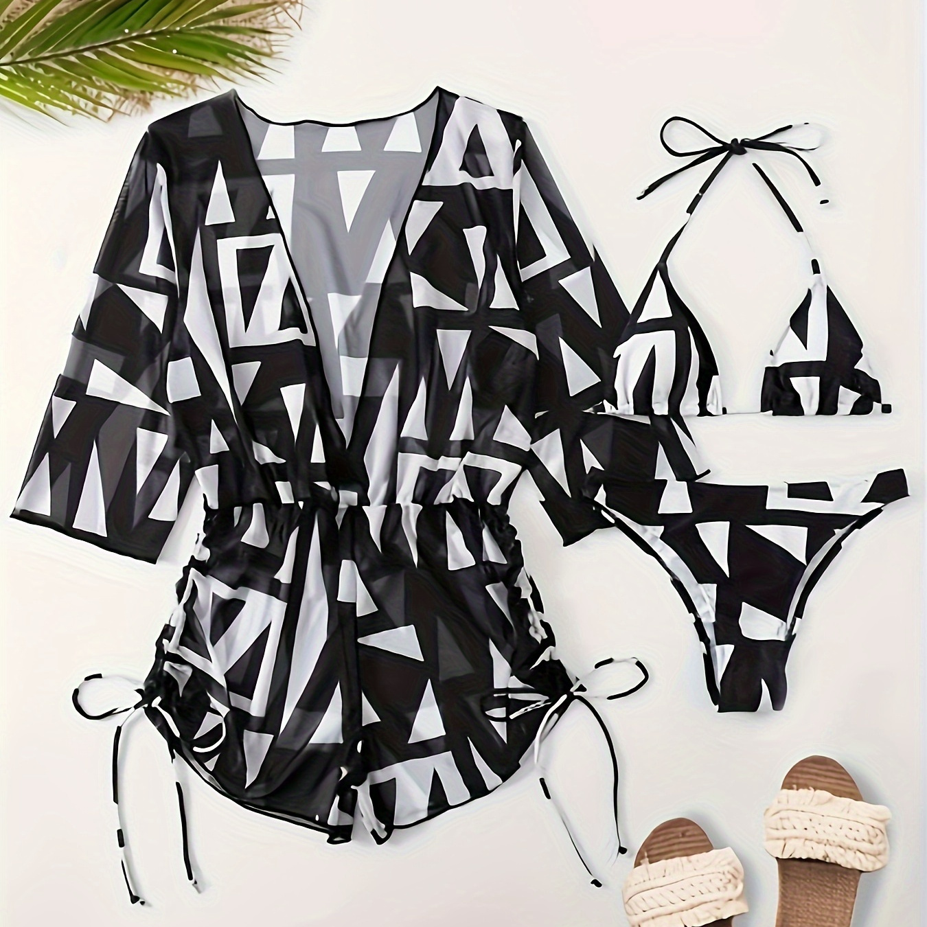 

Geometric Print 3 Piece Set Bikini, Halter Neck High Cut With Cover Up Swimsuits, Women's Swimwear & Clothing