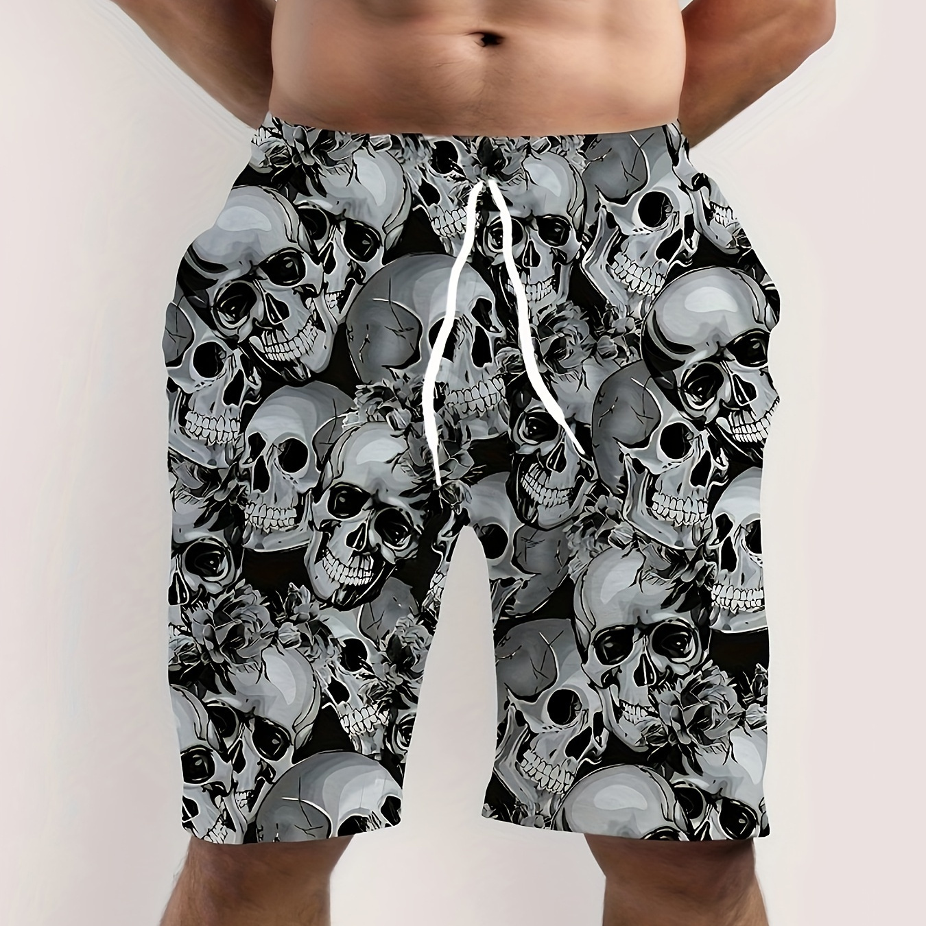 

3d Digital Skeleton Skull Pattern Board Shorts With Drawstring And Pockets, Novel And Stylish Shorts For Men's Summer Street And Beach Wear