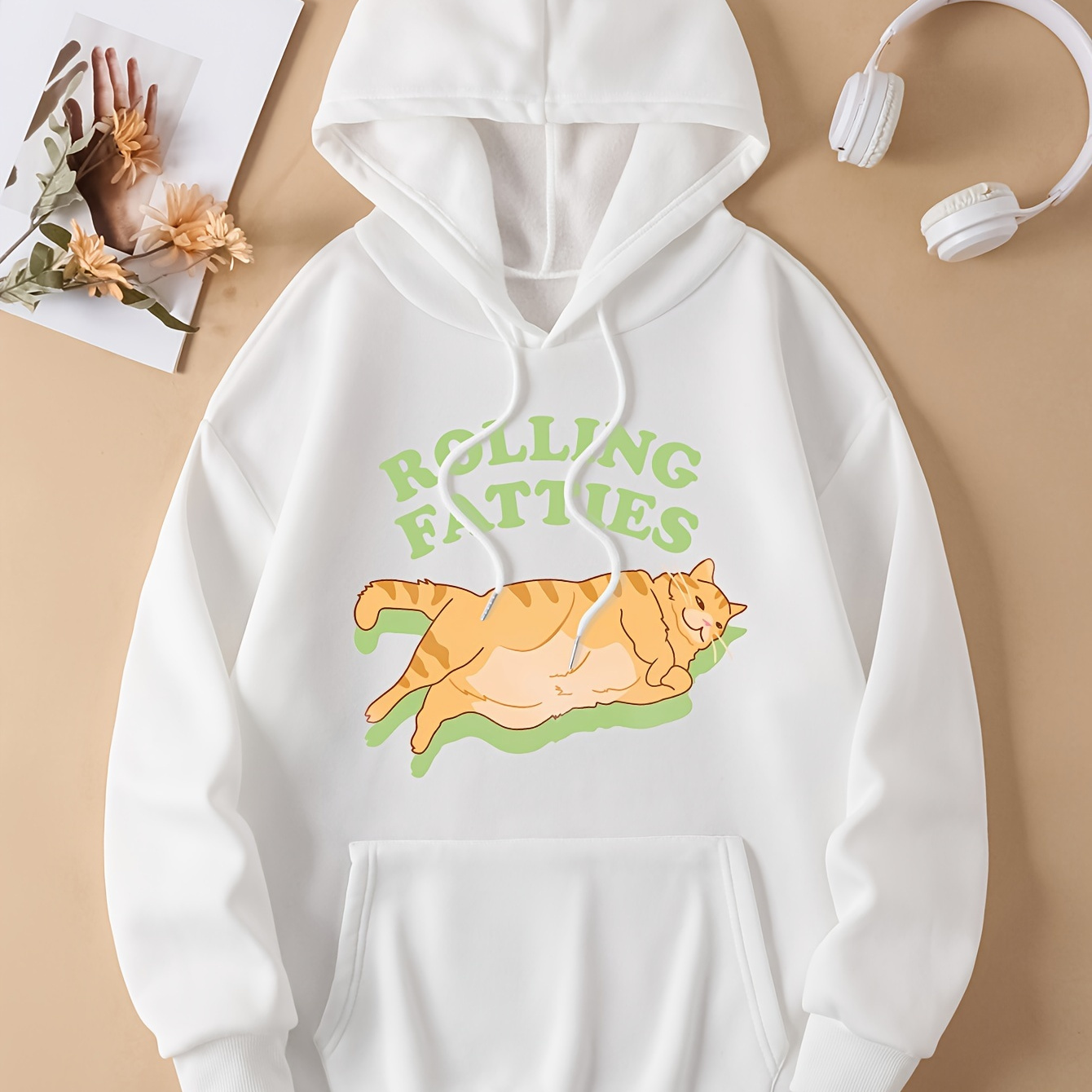 

Cute Cat & Letter Print Drawstring Hoodie, Casual Long Sleeve Kangaroo Pocket Sweatshirt, Women's Clothing