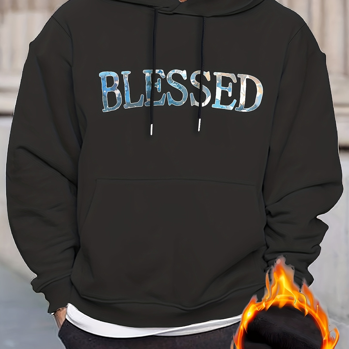 

blessed" Print Warm Hoodie With Kangaroo Pocket, Men's Casual Pullover Hooded Sweatshirt