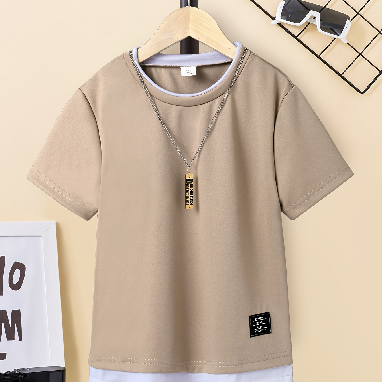 

Boy's Trendy Basic Leisure Sports T-shirt - Comfortable Summer Outdoor Clothing, Fake Two-piece Design