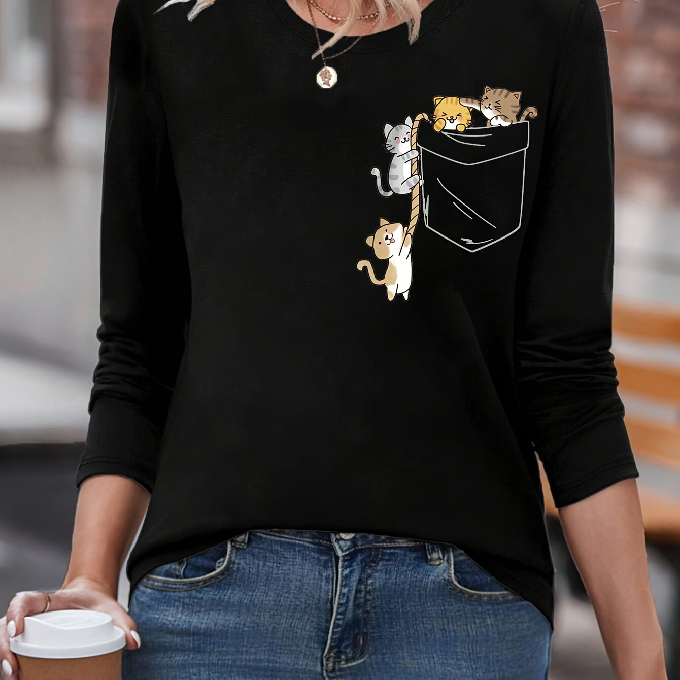 

Women's Long Sleeve Y-neck T-shirt With Print, Casual Cotton Top For Spring & Fall, Regular Length, Knit Fabric, Crew Neck Style