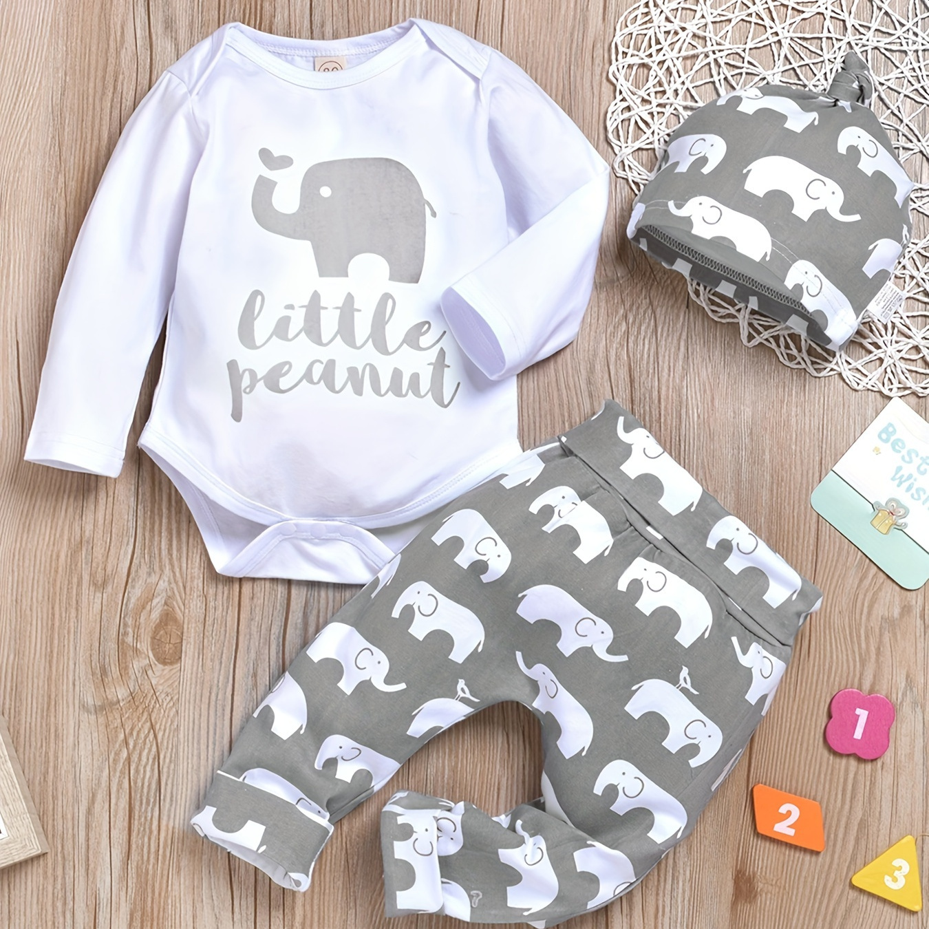 

Patpat 3pcs Baby Boy/girl Cotton Long-sleeve Elephant & Letter Print Romper And Pants & Headband Set