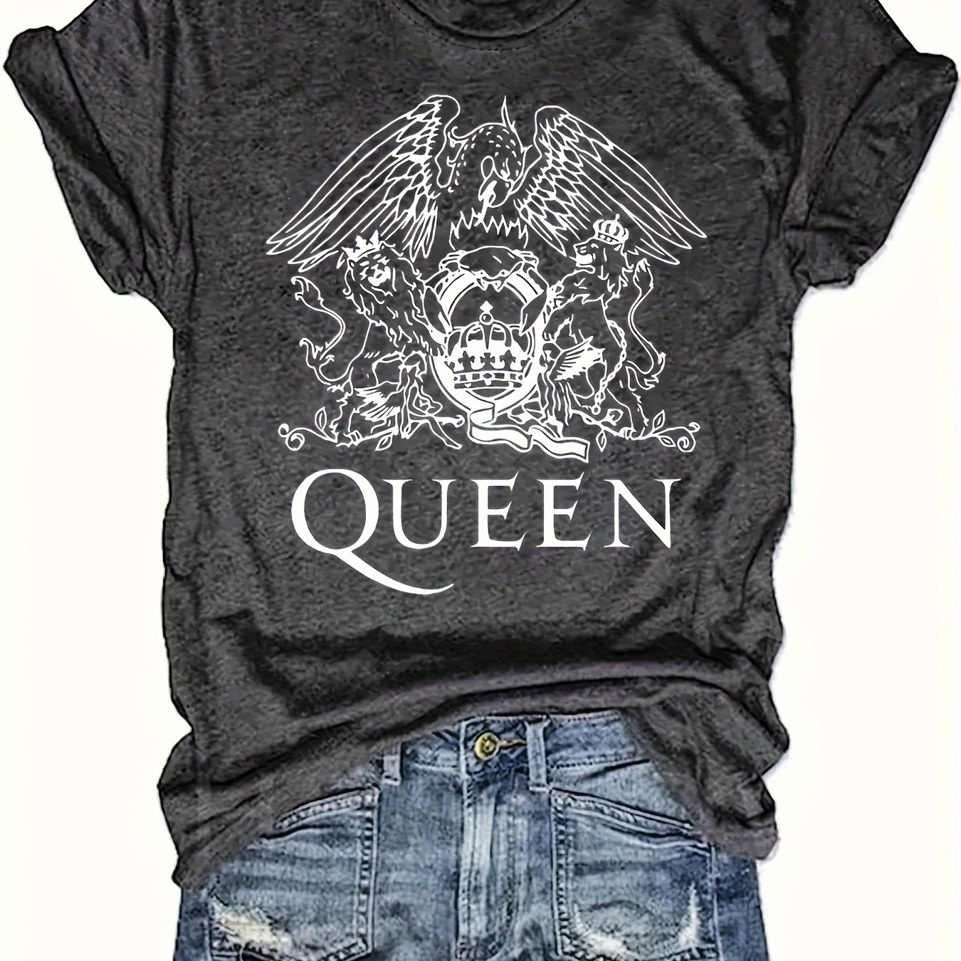 

Plus Size Queen Print T-shirt, Short Sleeve Casual Top For Spring & Summer, Women's Plus Size Clothing
