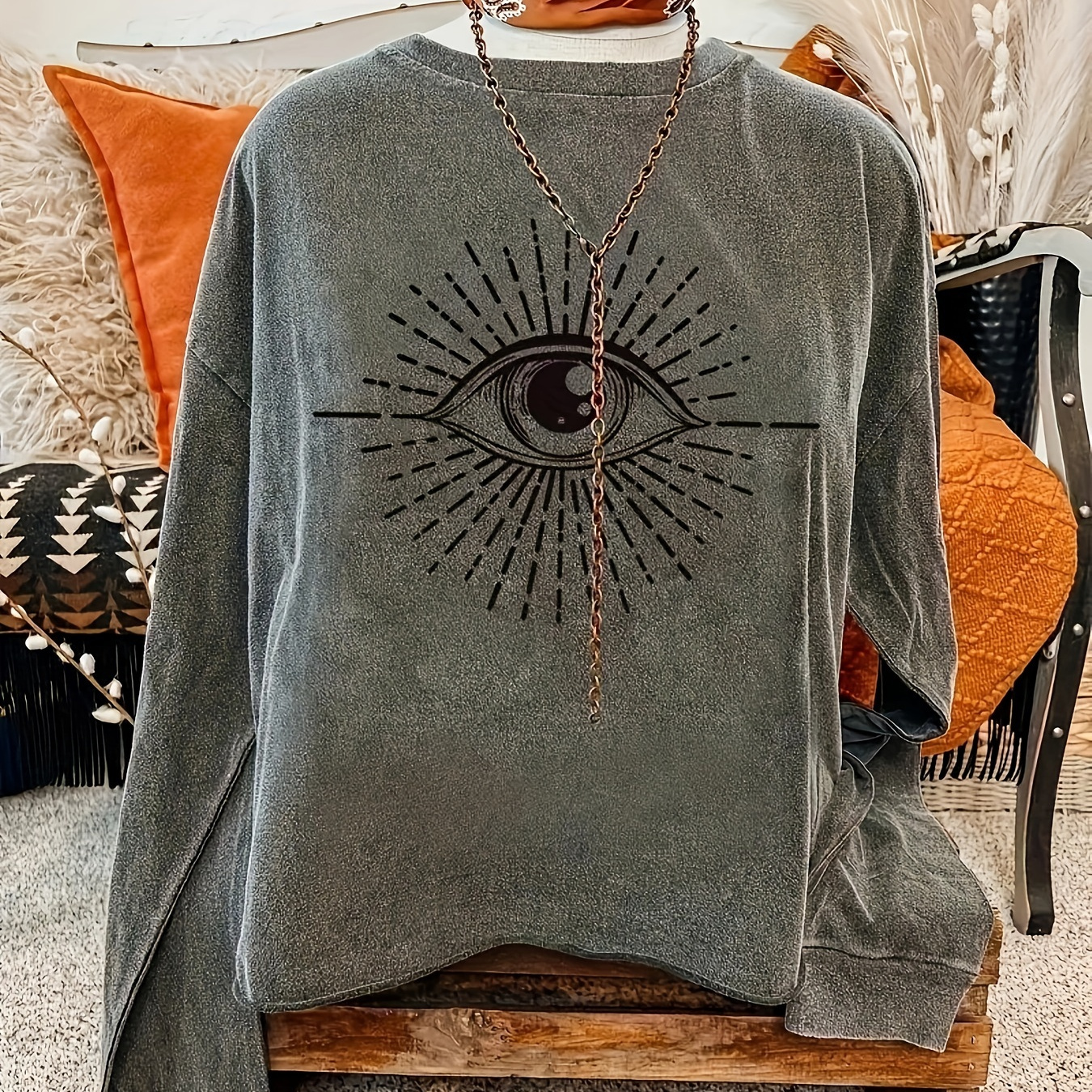 

Sweat-shirt décontracté à col rond avec motif d'œil géométrique - Pull à manches longues en tricot 100 % polyester pour toutes les saisons