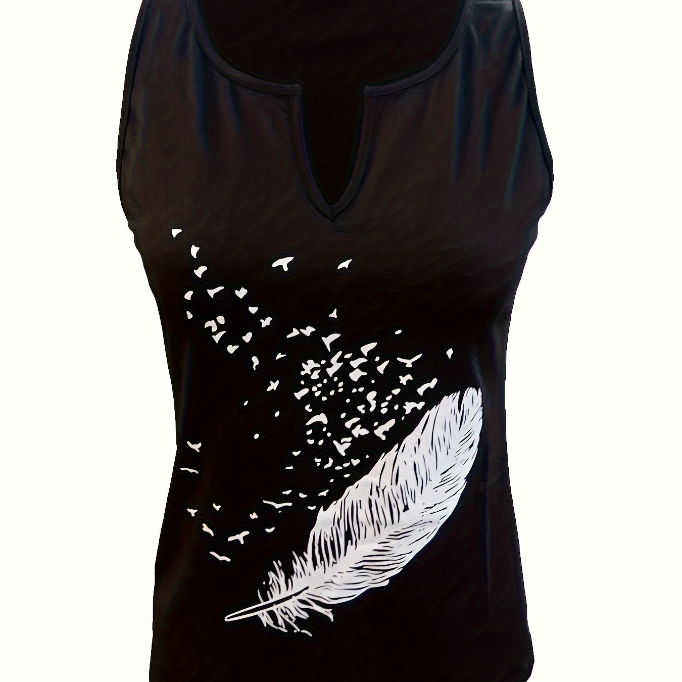 

Feather Print Notch Neck Tank Top, Casual Sleeveless Tank Top For Summer, Women's Clothing