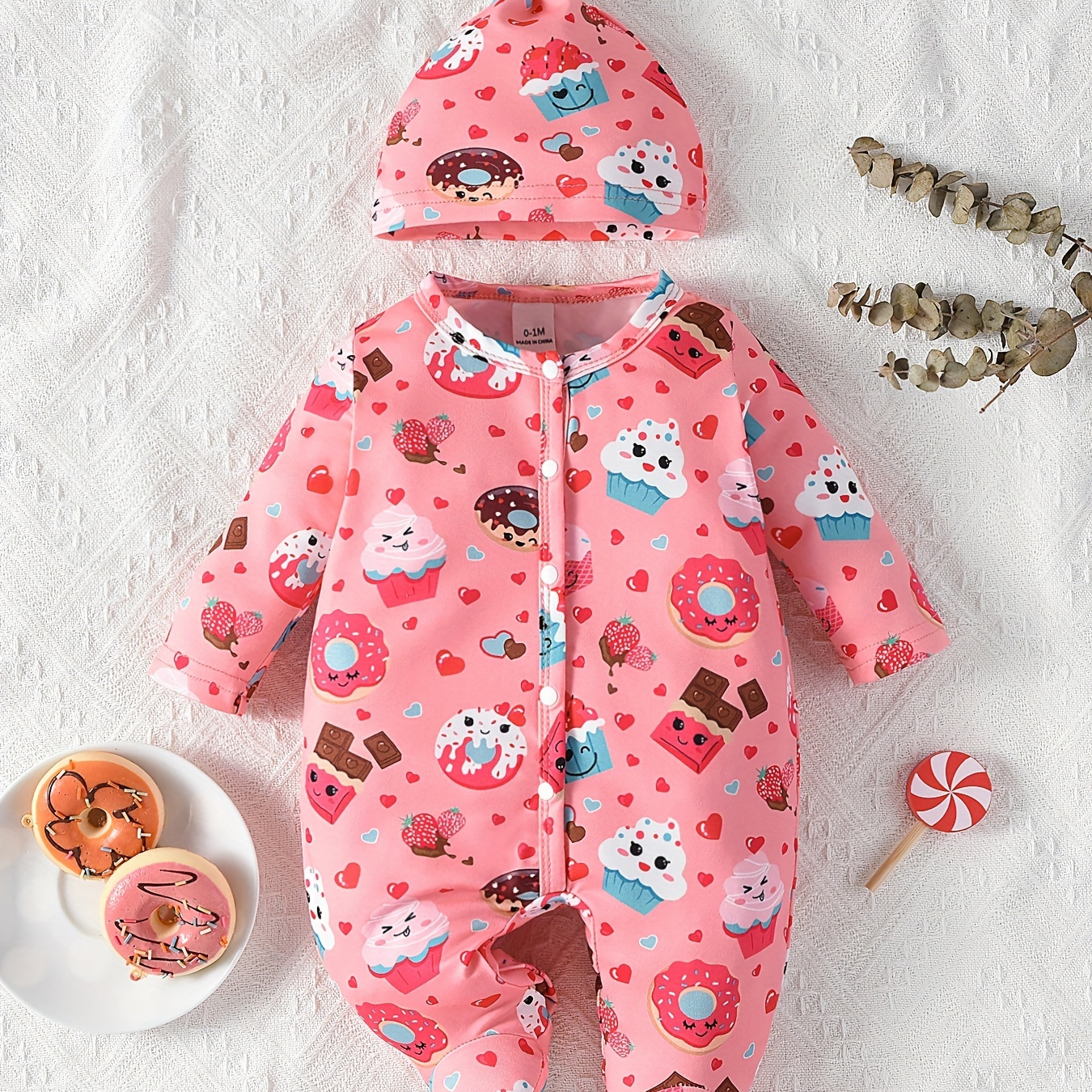 

Newborn Baby's Cartoon Dessert Pattern Footed Bodysuit & Hat, Casual Long Sleeve Romper, Toddler & Infant Girl's Onesie For Summer, As Gift