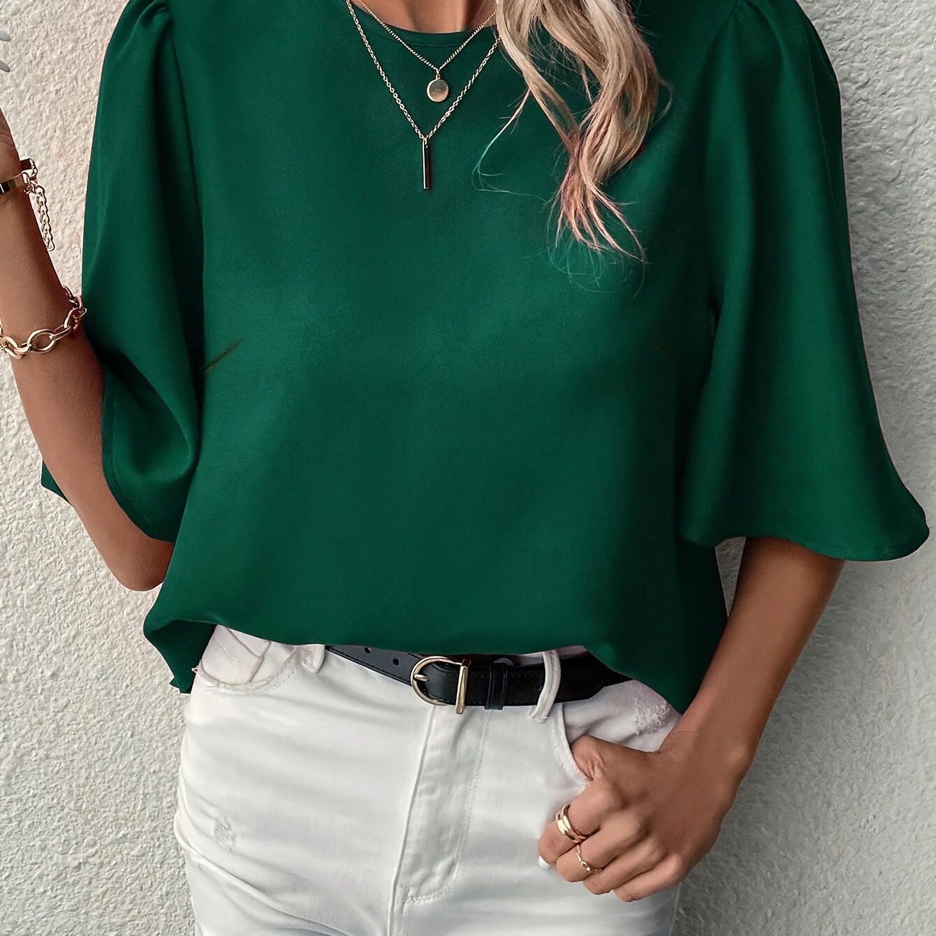 

Solid Color Crew Neck Blouse, Elegant Half Sleeve Simple Blouse For Spring & Fall, Women's Clothing