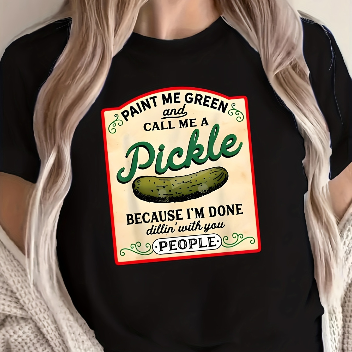

Pickle Print T-shirt, Short Sleeve Crew Neck Casual Top For Summer & Spring, Women's Clothing