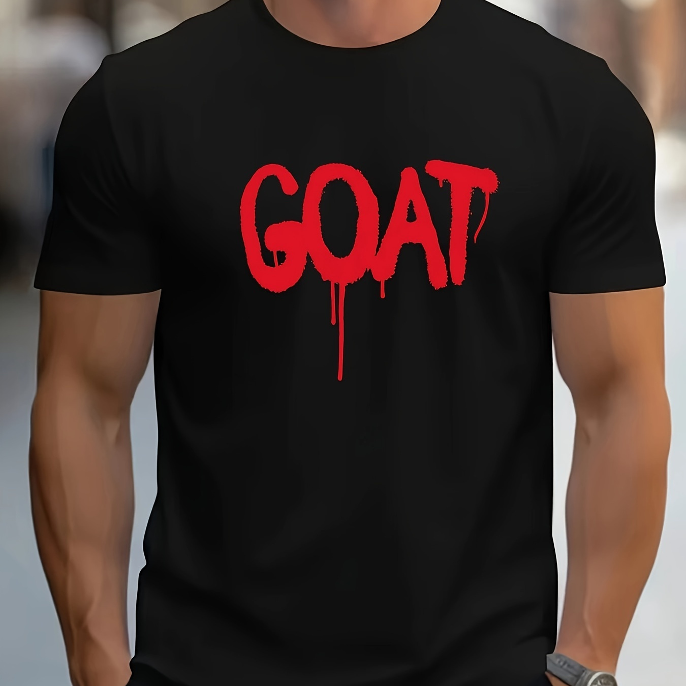 

Goat Letter Print Men's Short Sleeve Crew Neck T-shirts, Comfy Breathable Casual Slightly Stretch Tops, Men's Clothings