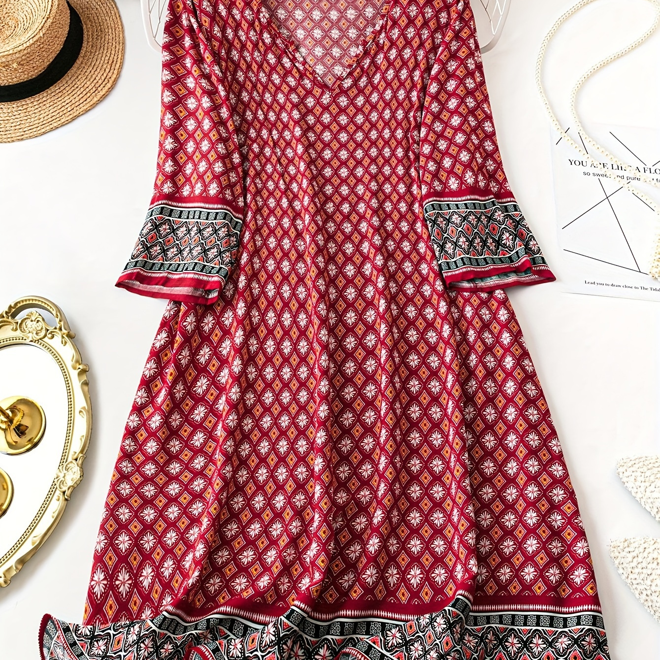 

Plus Size Print V-neck Dress, Elegant /4 Sleeve A-line Loose Fit Dress For , Women's Plus Size Clothing