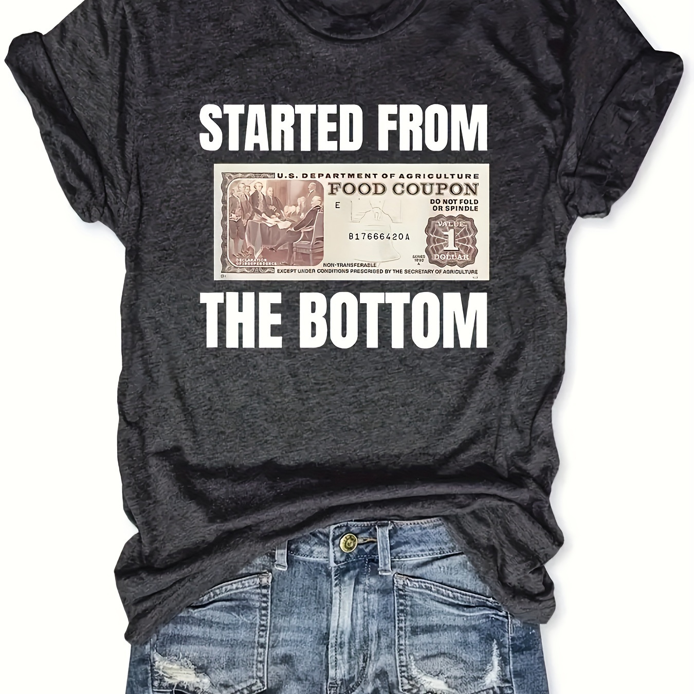 

Started From The Bottom Print T-shirt, Short Sleeve Crew Neck Casual Top For Summer & Spring, Women's Clothing