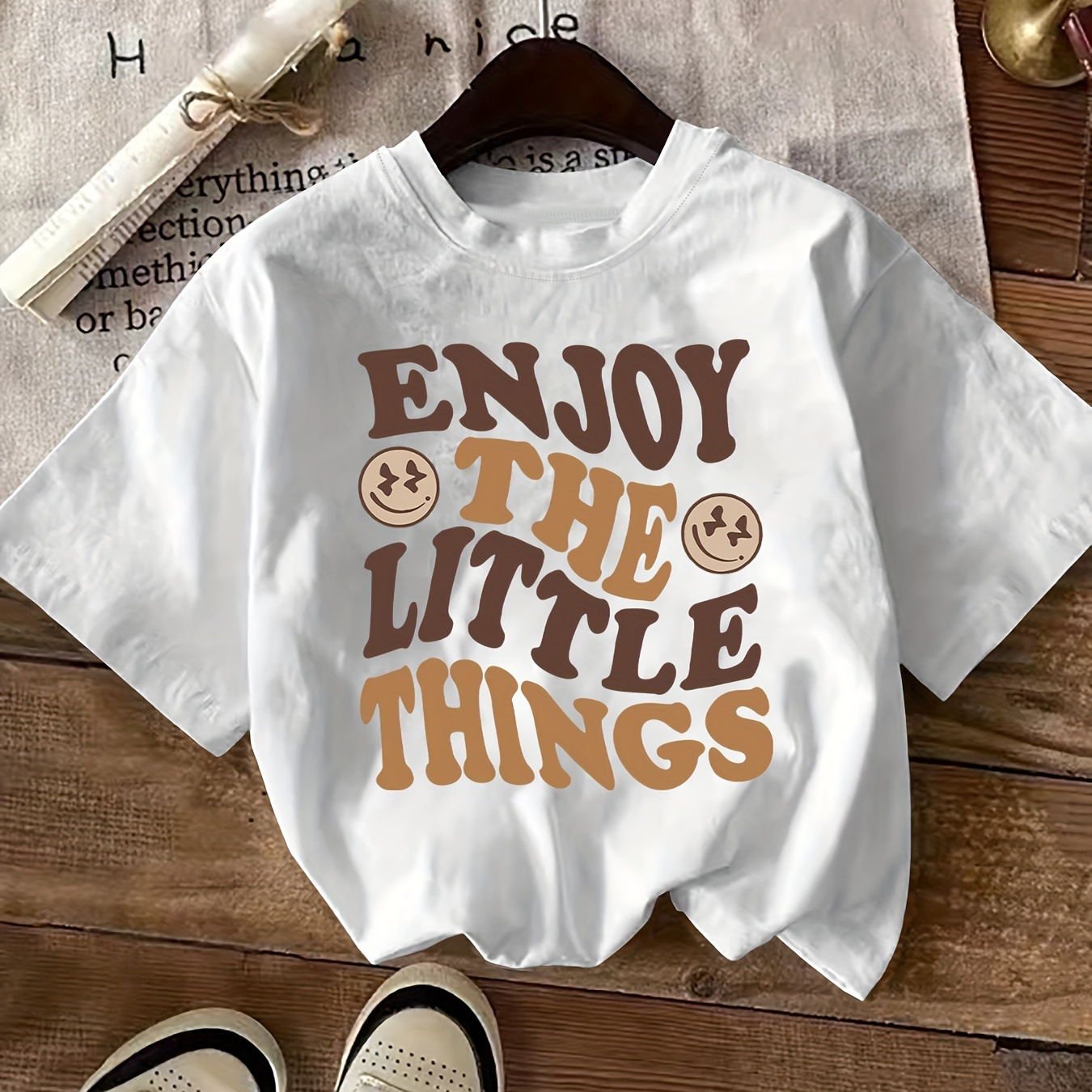 

Plus Size Enjoy The Little Things Print T-shirt, Casual Crew Neck Short Sleeve Top For Spring & Summer, Women's Plus Size Clothing