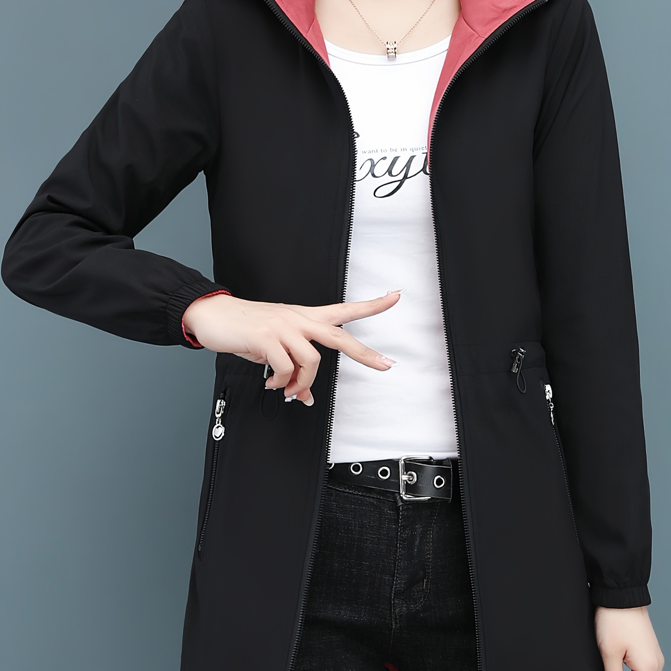 

Women's Reversible Mid-length Coat, Casual Hooded Jacket, Spring/fall 2024 New Arrival, Solid Color Polyester 100%, Long Sleeve, Regular Fit, Zipper Closure, Woven Fabric, 123g/m² Weight