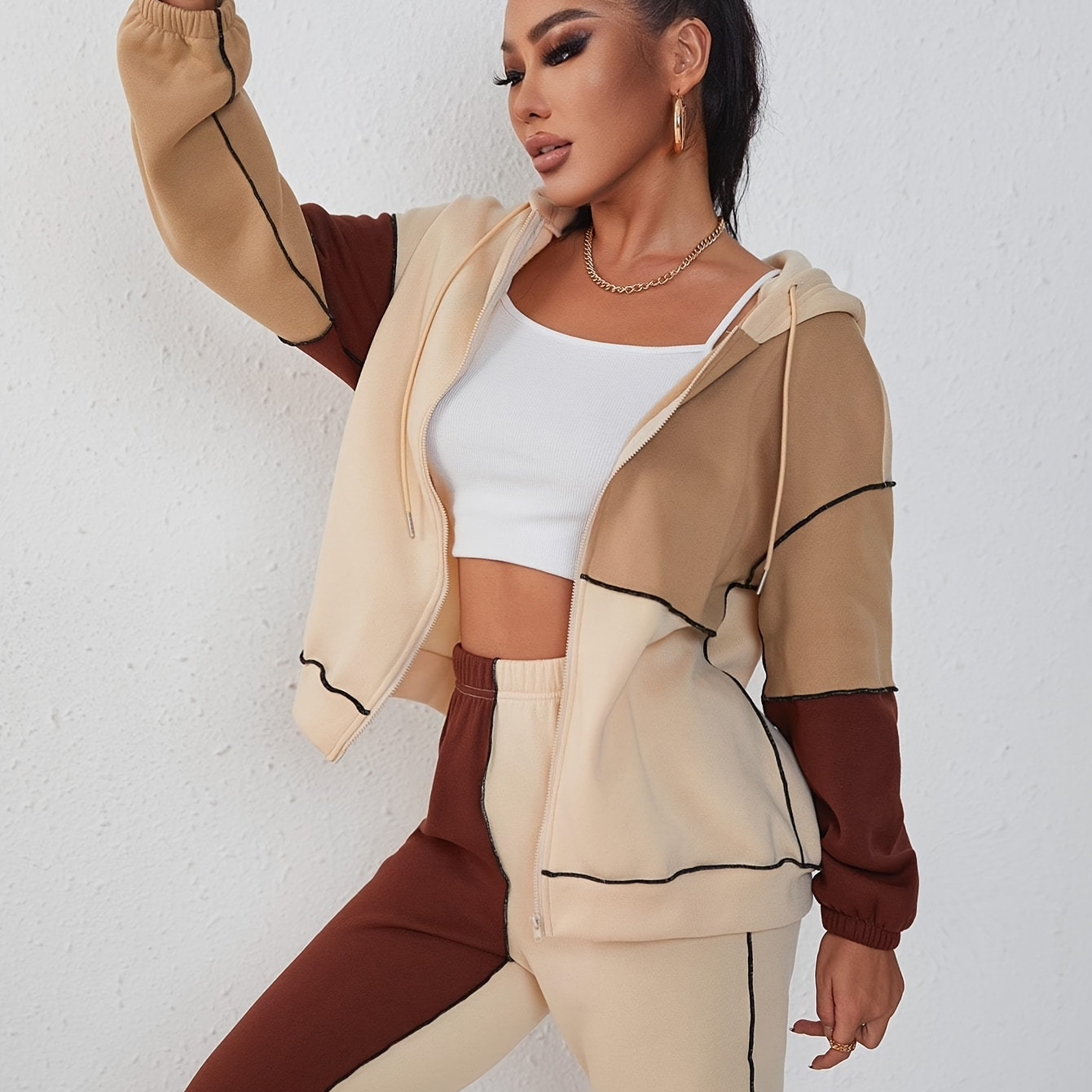 

Color Block Casual Two-piece Set, Zip Up Hooded Tops & Long Length Jogger Pants Outfits, Women's Clothing