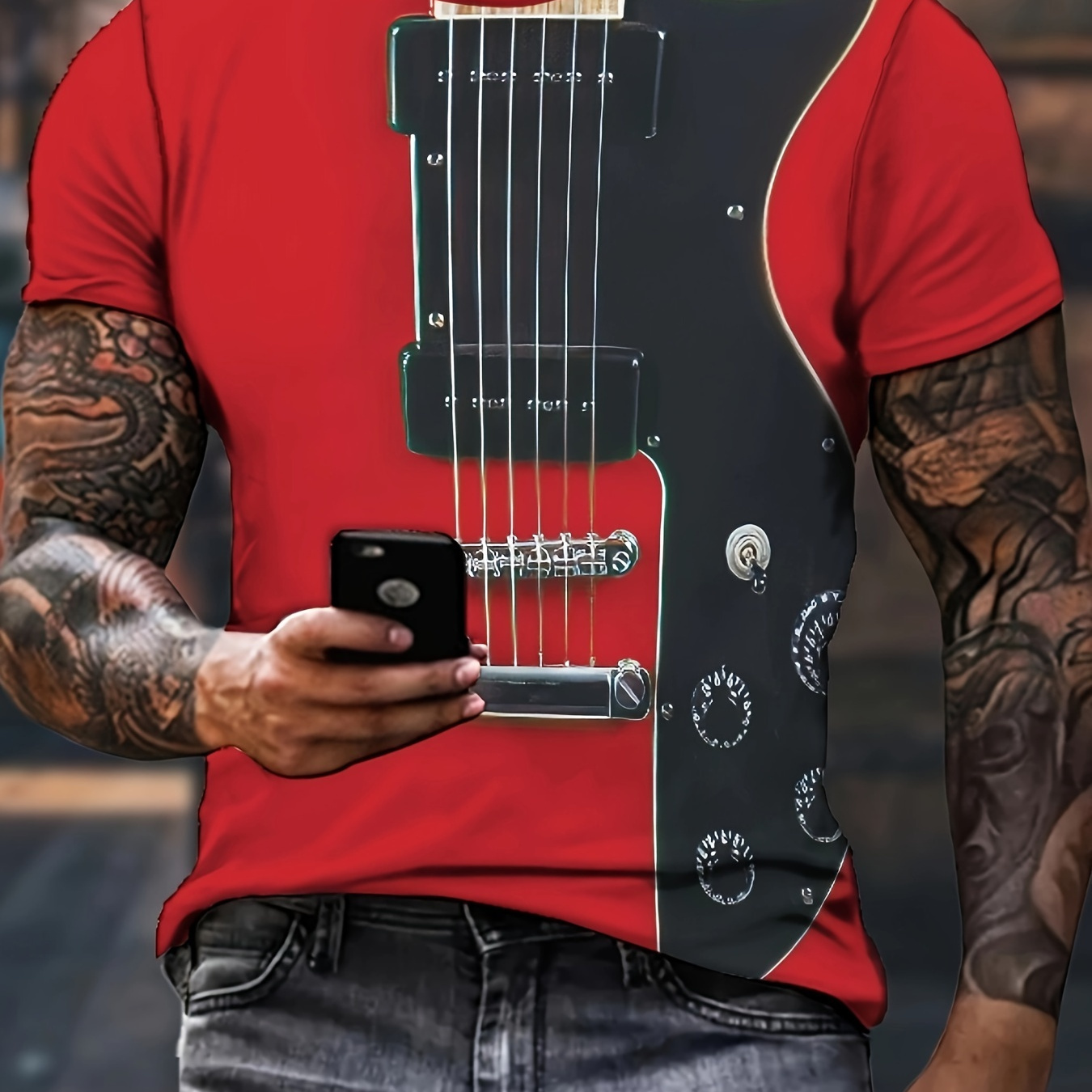 

Music Festive Bass Pattern Print Men's Comfy Chic T-shirt, Graphic Tee Men's Summer Outdoor Clothes, Men's Clothing, Tops For Men, Gift For Men