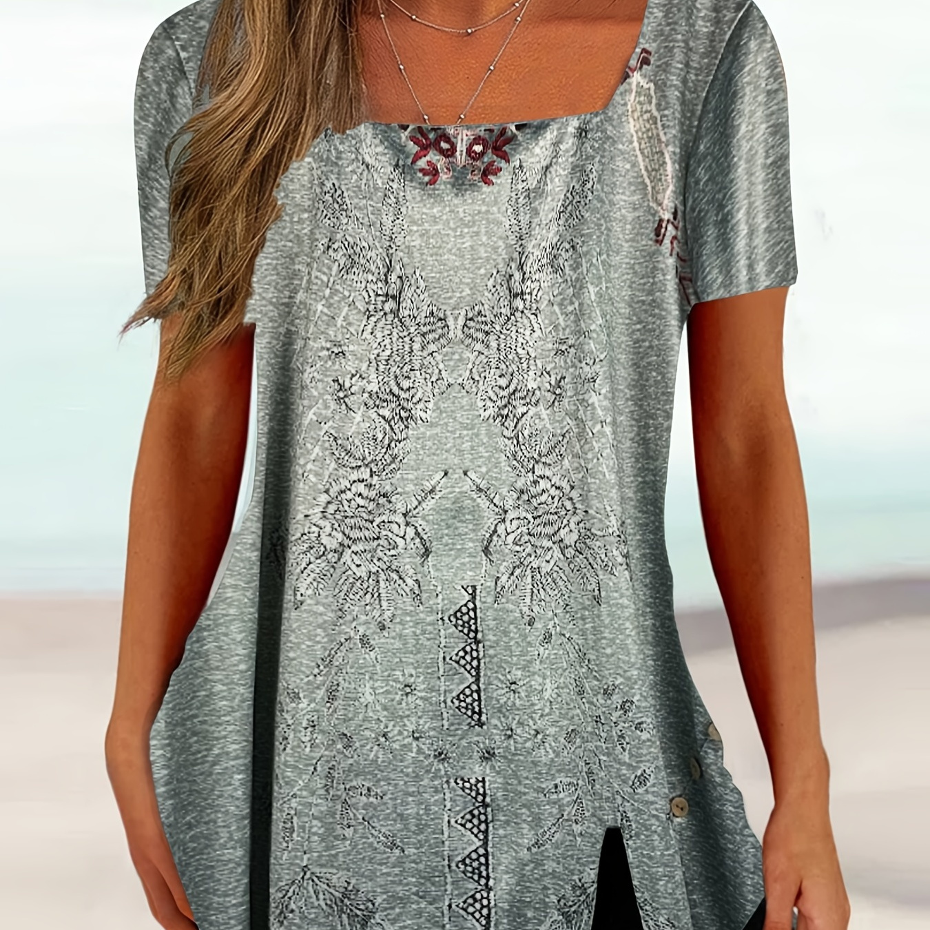 

Plus Size Elegant Top, Women's Plus Floral Print Short Sleeve Square Neck Slight Stretch T-shirt