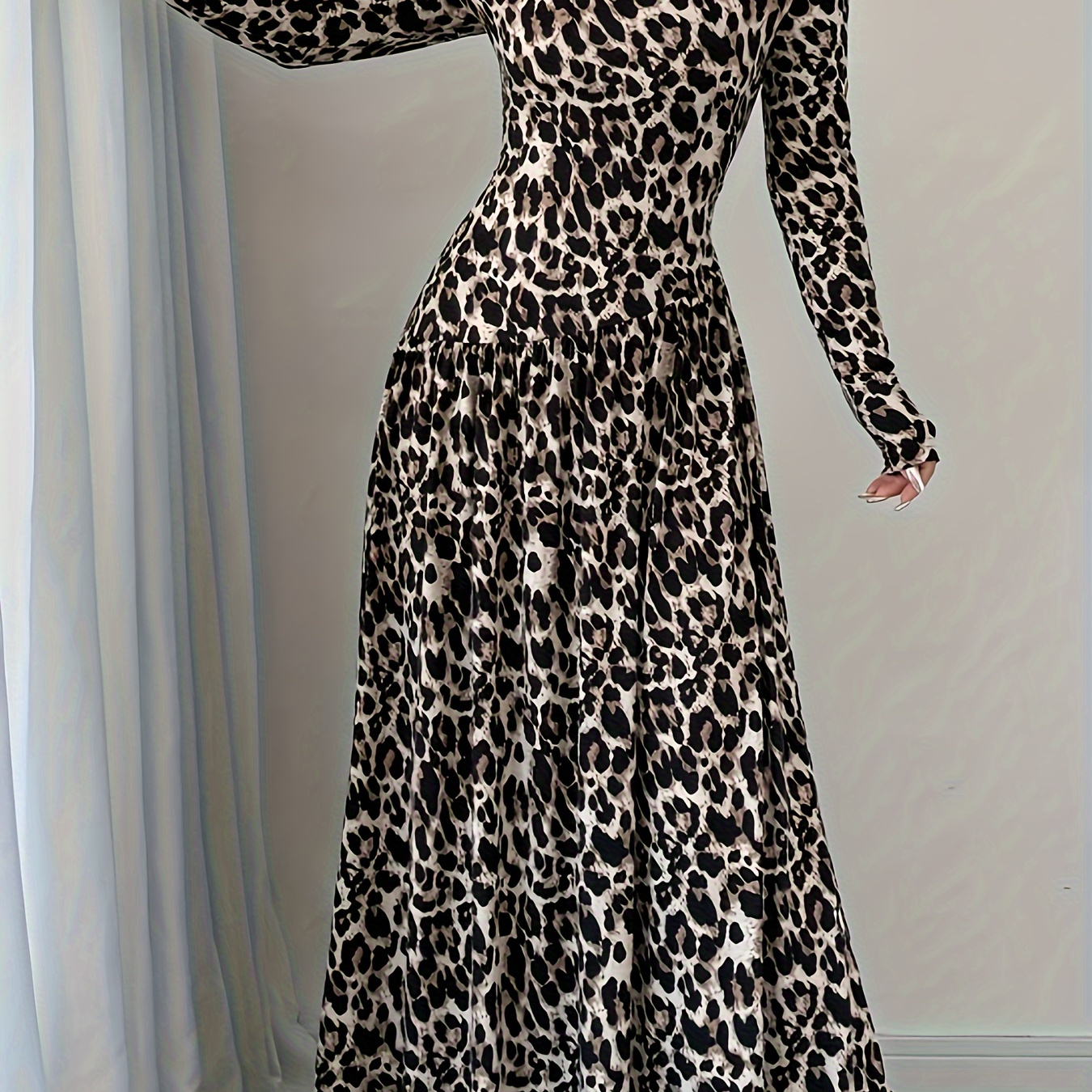 

Elegant Women's Leopard Print Long Sleeve Maxi Dress - Chic A-line Flare With Ruffle Hem, Crew Neck, Machine Washable Polyester, , Leopard Print Dress