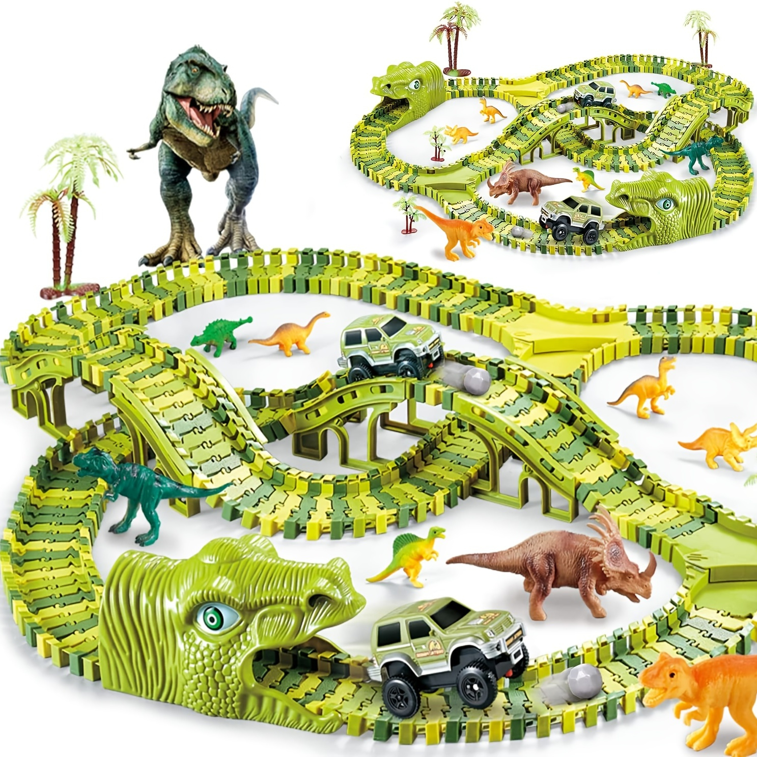 ToyVelt Dinosaur Toys Race Track Toy Set - Create A Dinosaur World Road  Race, Flexible Track Playset - Includes 2 Cars and A Container Best Gift  for