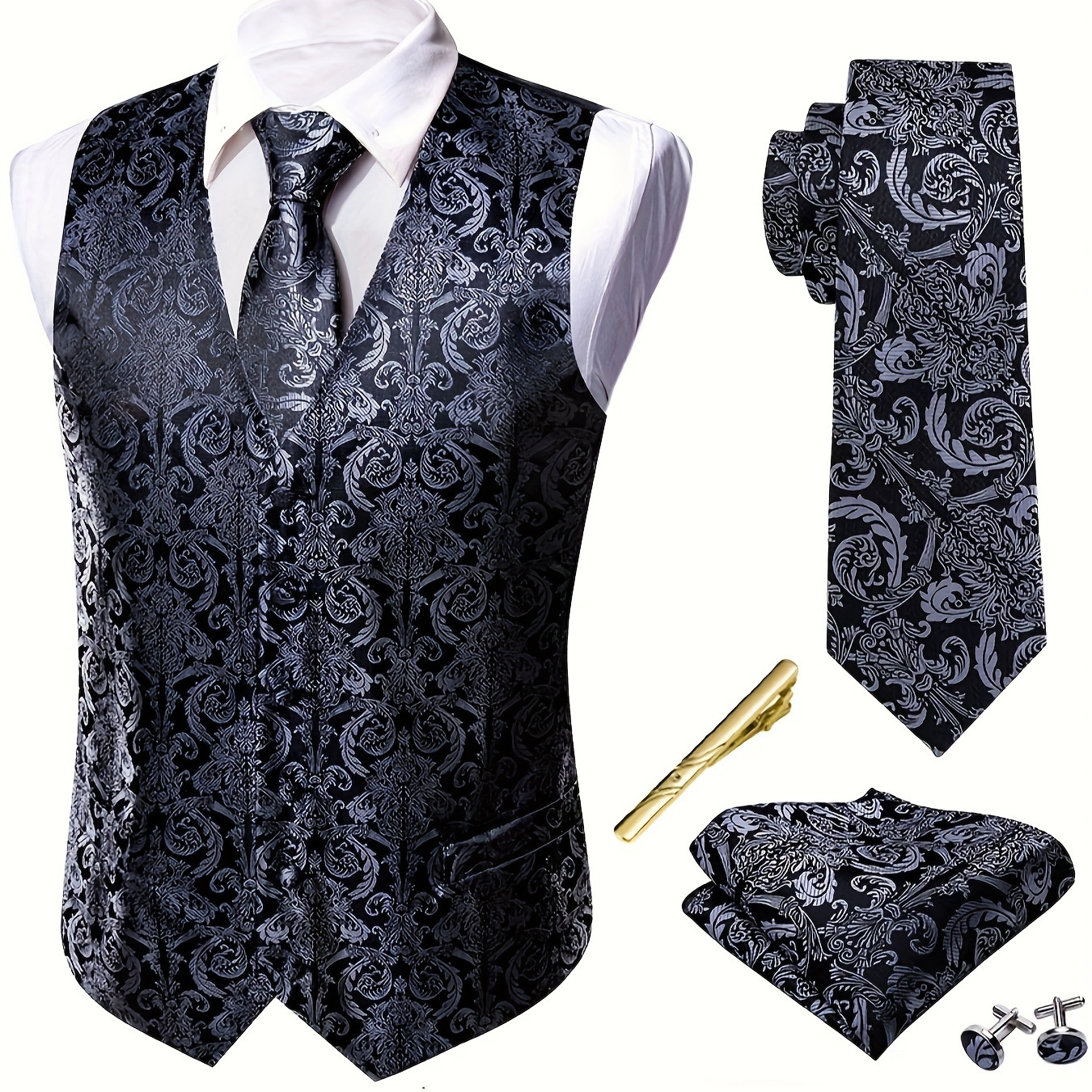 

Men's Plus Size Royal Black Floral Jacquard V Neck Vest Suit, Waistcoat Necktie Square Hanky Cufflinks Tie 5pcs Set, For Formal/wedding Suit Set