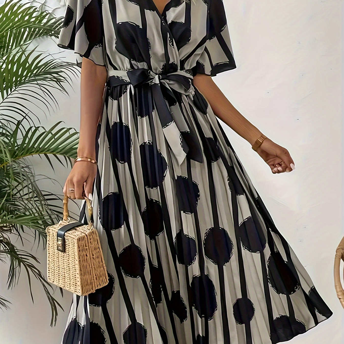 

Allover Print V-neck Pleated Dress, Elegant Tie Waist Short Sleeve Dress For Spring & Summer, Women's Clothing
