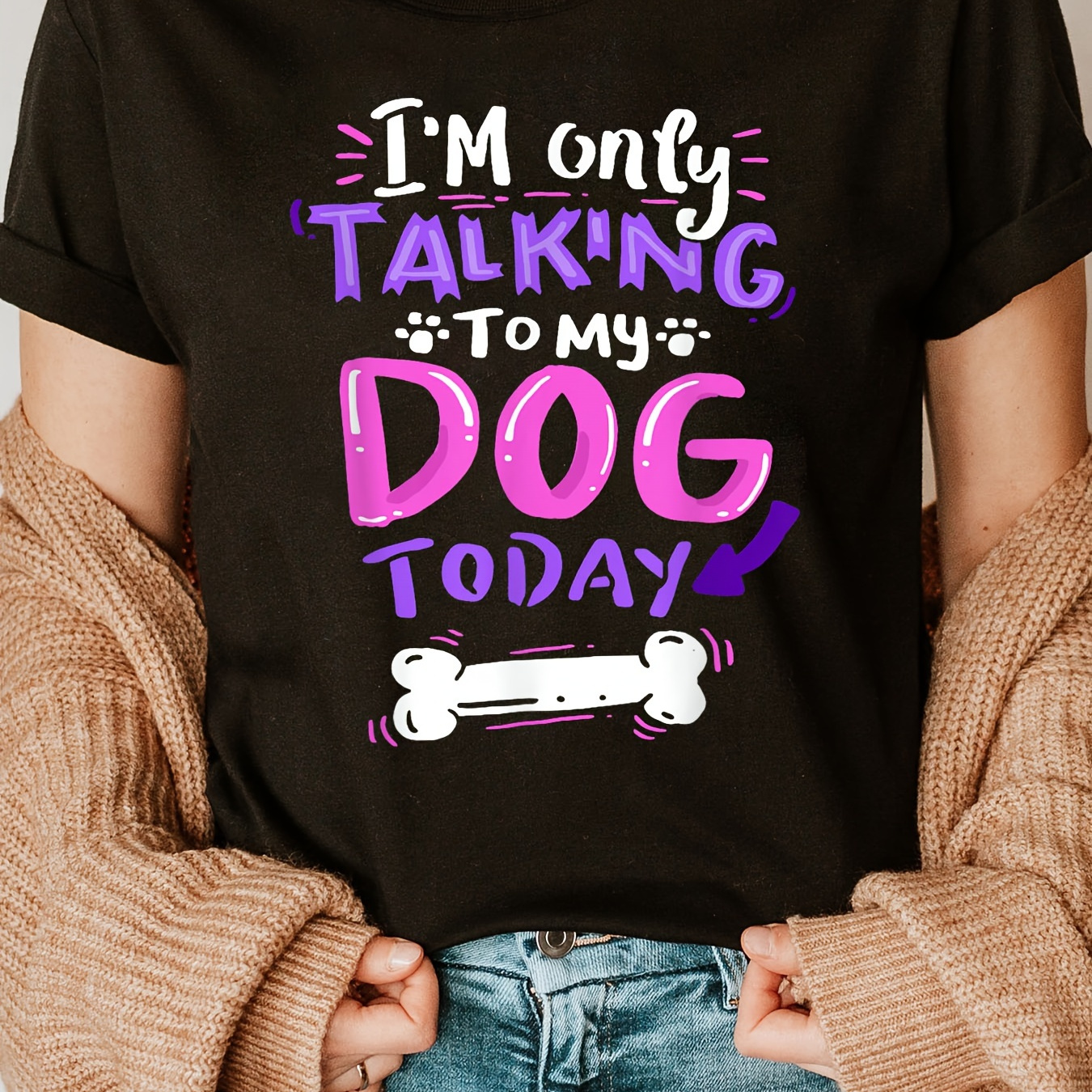 

Talking To My Dog Print Crew Neck T-shirt, Short Sleeve Casual Top For Summer & Spring, Women's Clothing