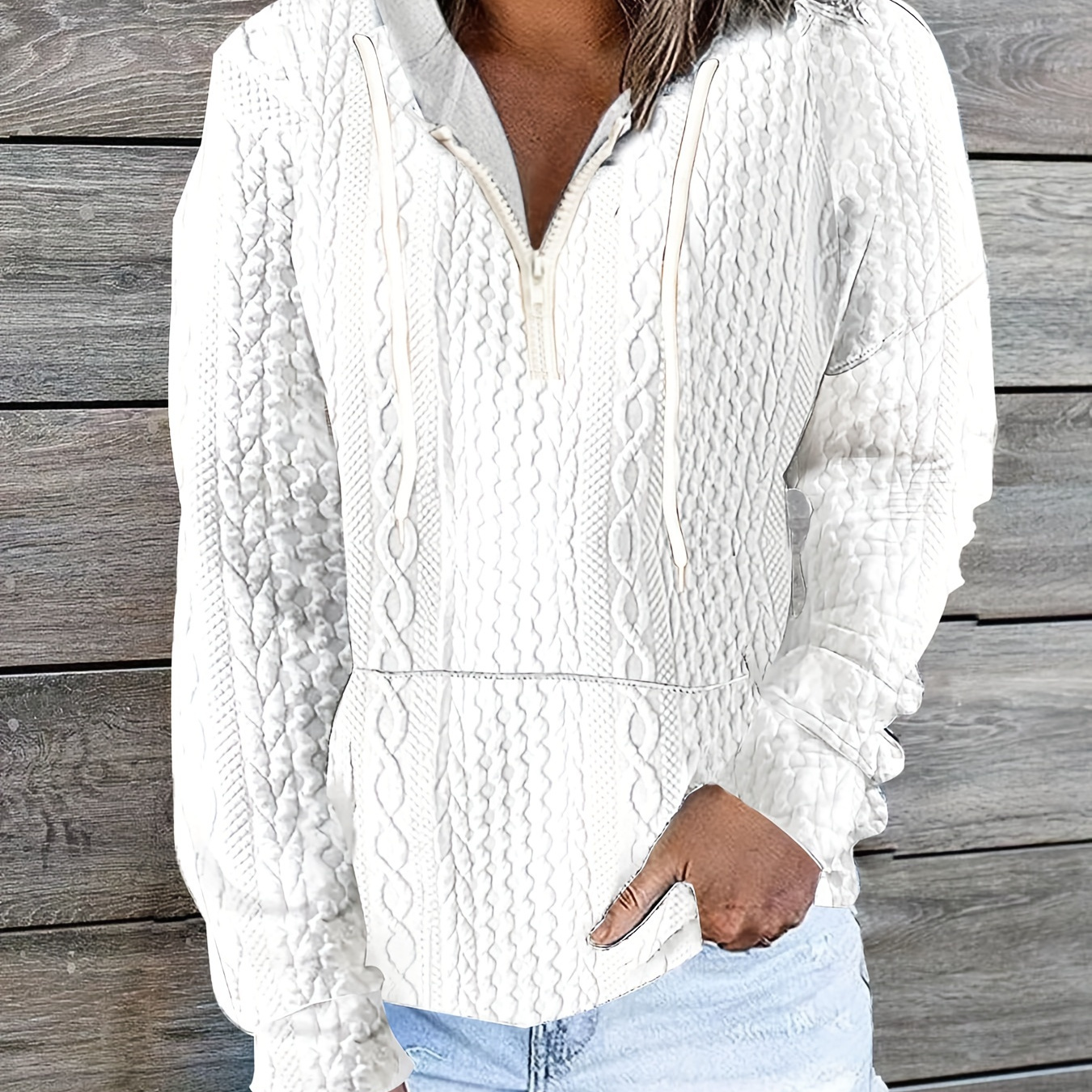 

Cable Knit Quarter Zip Hoodie, Casual Long Sleeve Drawstring Hoodies Sweatshirt, Women's Clothing