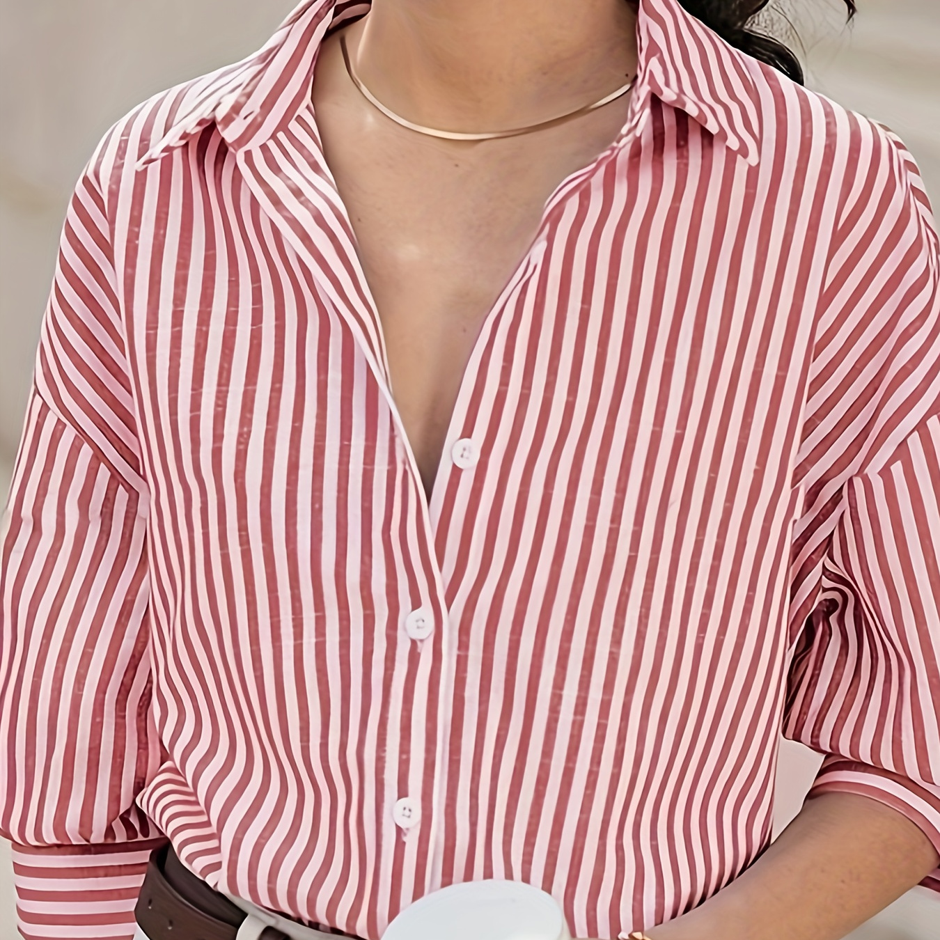 

Stripes Print Button Front Shirt, Elegant Lapel Neck Long Sleeve Shirt For Spring & Fall, Women's Clothing