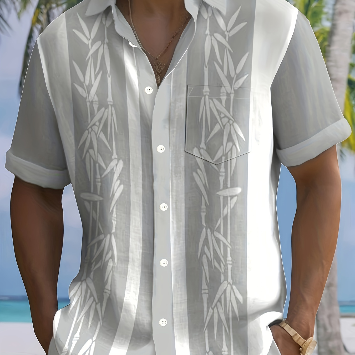 

Plus Size Men's Bamboo Graphic Print Shirt For Summer, Contrast Color Short Sleeve Shirt For Males