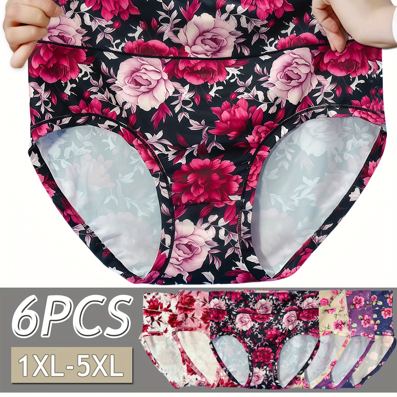 

6pcs Plus Size Women's Floral Briefs - Elegant High Waist, Breathable & Stretchy Underwear With Vibrant Pink And Black Underwear|stretchy Fabric, Plus Size Panties