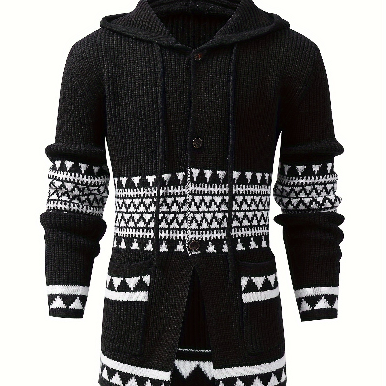 

Men' Knit Pullover Hoodie, Geometric Pattern, Polyester, , Regular Fit, Mid-stretch, With Pockets, For Fall/winter