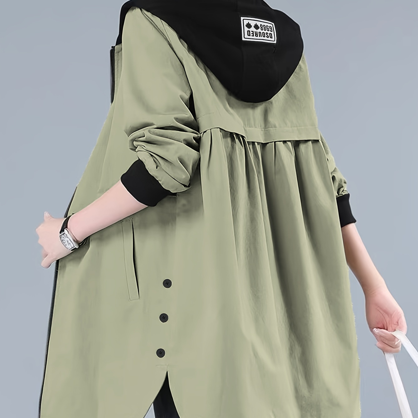 

Zip Hooded , Long Button Decor , Women's Clothing