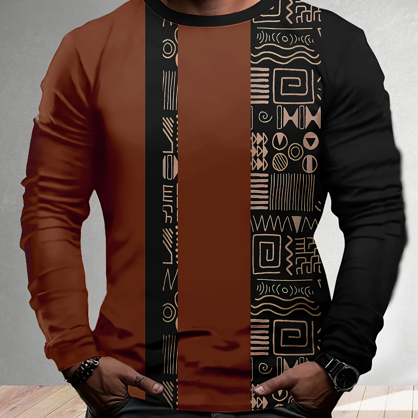 

Men's Casual Crew Neck Long Sleeve T-shirt, 100% Polyester Knit Fabric, Slight Stretch, Geometric 3d Print, Regular Fit, Spring/fall Weekend Casual Top, 140gsm - Youth & Adult