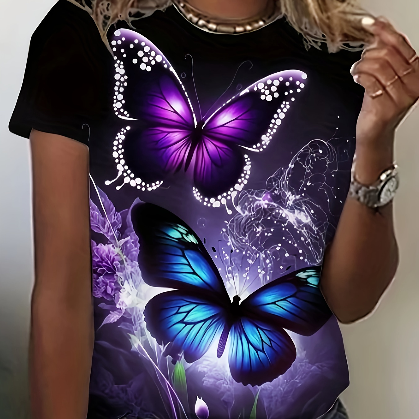 

Butterfly Print T-shirt, Casual Short Sleeve Crew Neck Top For Spring & Summer, Women's Clothing