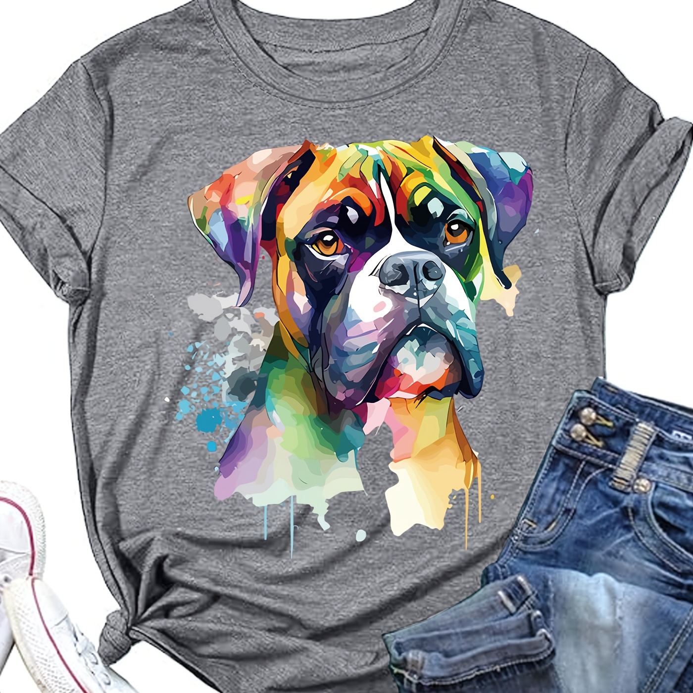 

Plus Size Boxer Dog Print T-shirt, Casual Crew Neck, Rayon With Slight Stretch, Geometric Pattern, Knit Fabric, For All