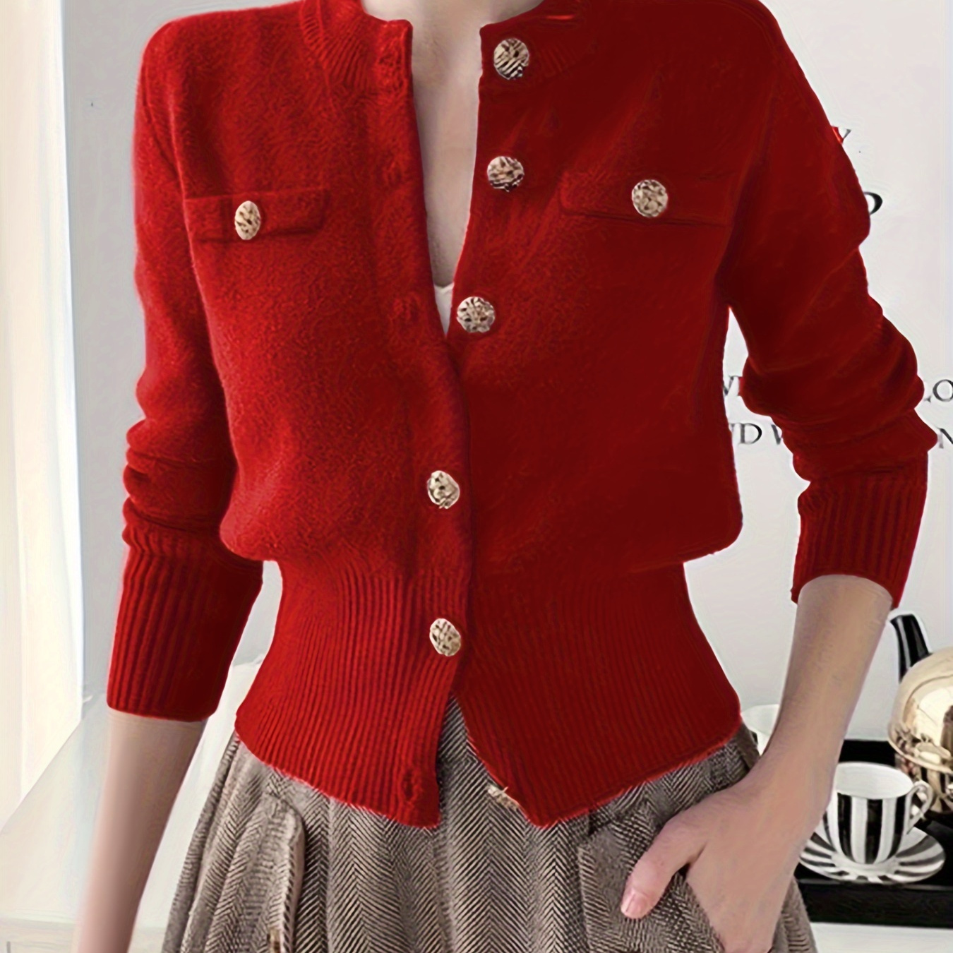 

Chic Solid Color Ribbed Knit Cardigan For Women - Casual Long Sleeve With Faux Pockets & Button Detail, Round Neck Open Front - Fall/winter