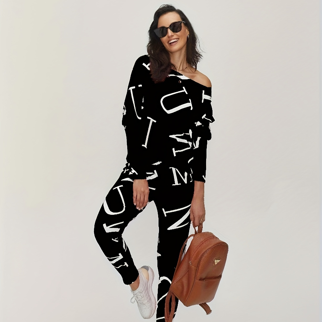 

Letter Print Casual Two-piece Set, Long Sleeve Crew Neck Tops & Slim Long Length Pants Outfits, Women's Clothing