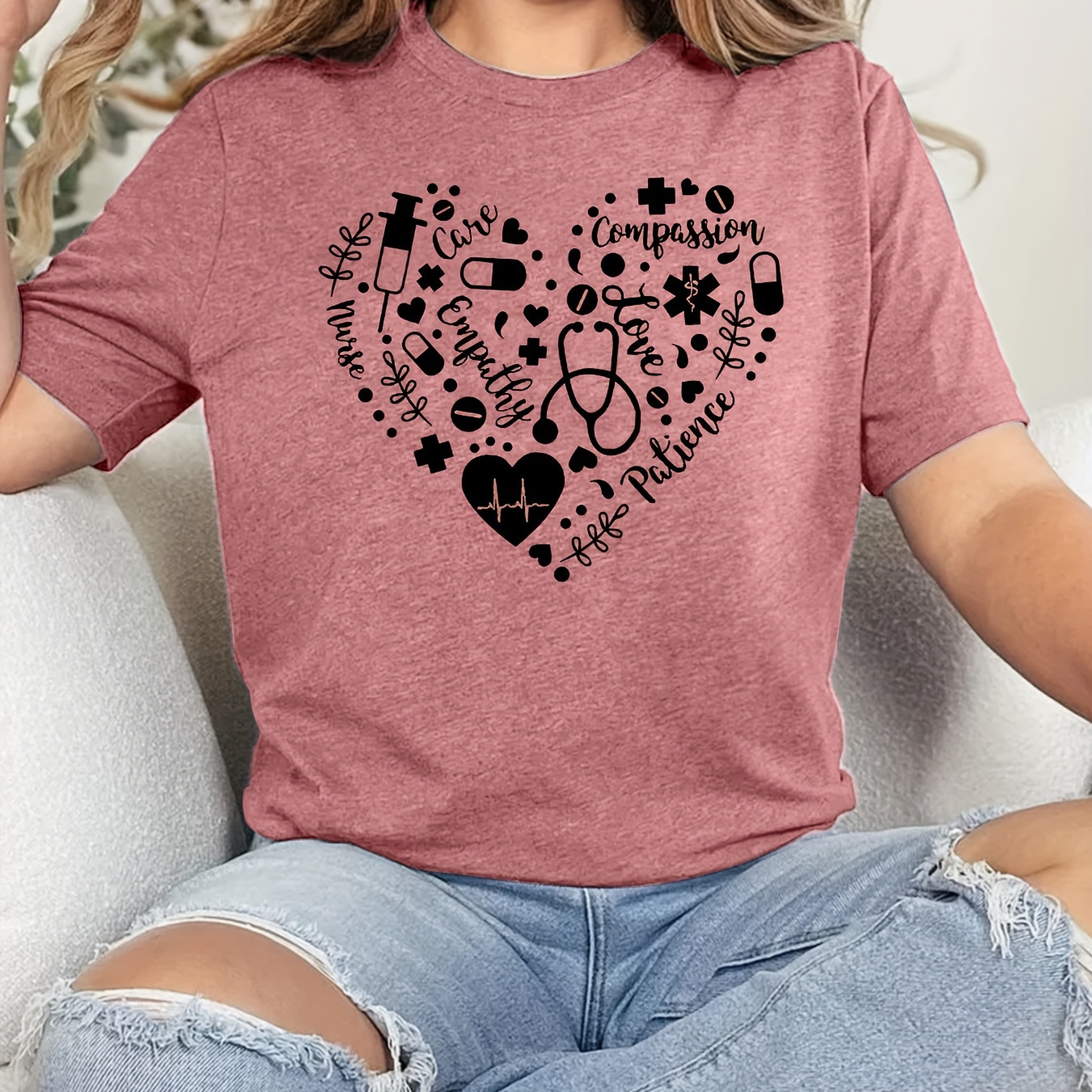

Print Crew Neck T-shirt, Short Sleeve Casual Top For Summer & Spring, Women's Clothing