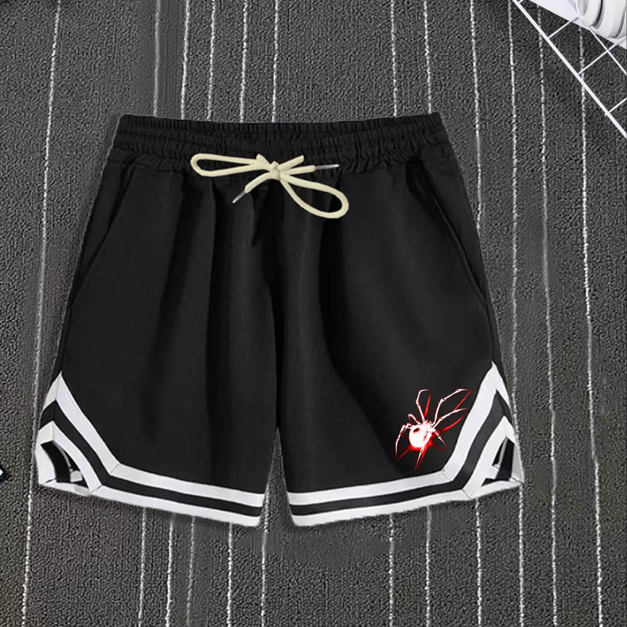 

Spider Pattern Bottom Stripe Comfy Shorts, Men's Casual Slightly Stretch Elastic Waist Drawstring Shorts For Summer Basketball Gym Workout Training