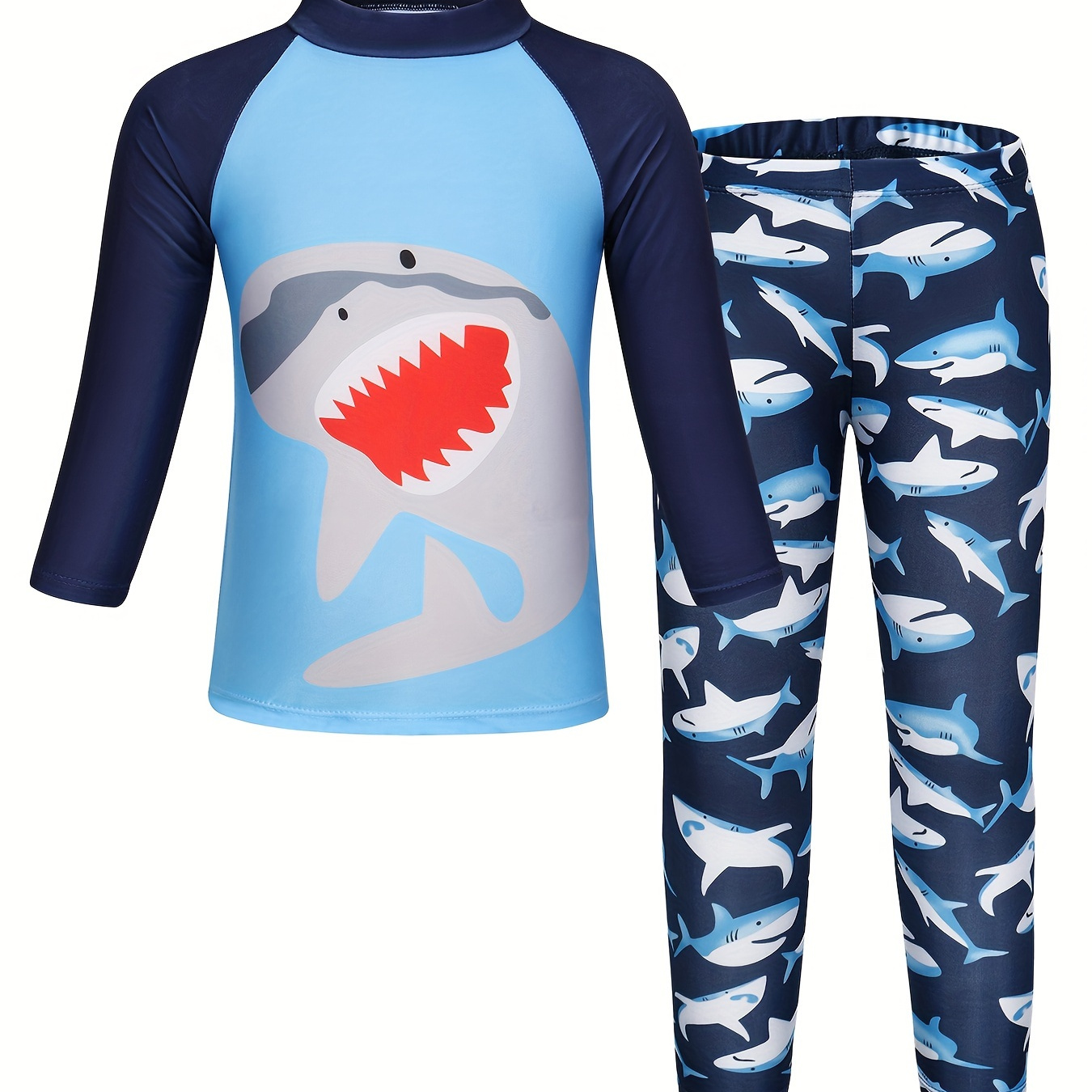 

2pcs Cartoon Shark Pattern Swimsuit For Boys, Long Sleeve T-shirt & Swim Trunks Set, Stretchy Surfing Suit, Boys Swimwear For Summer Beach Vacation
