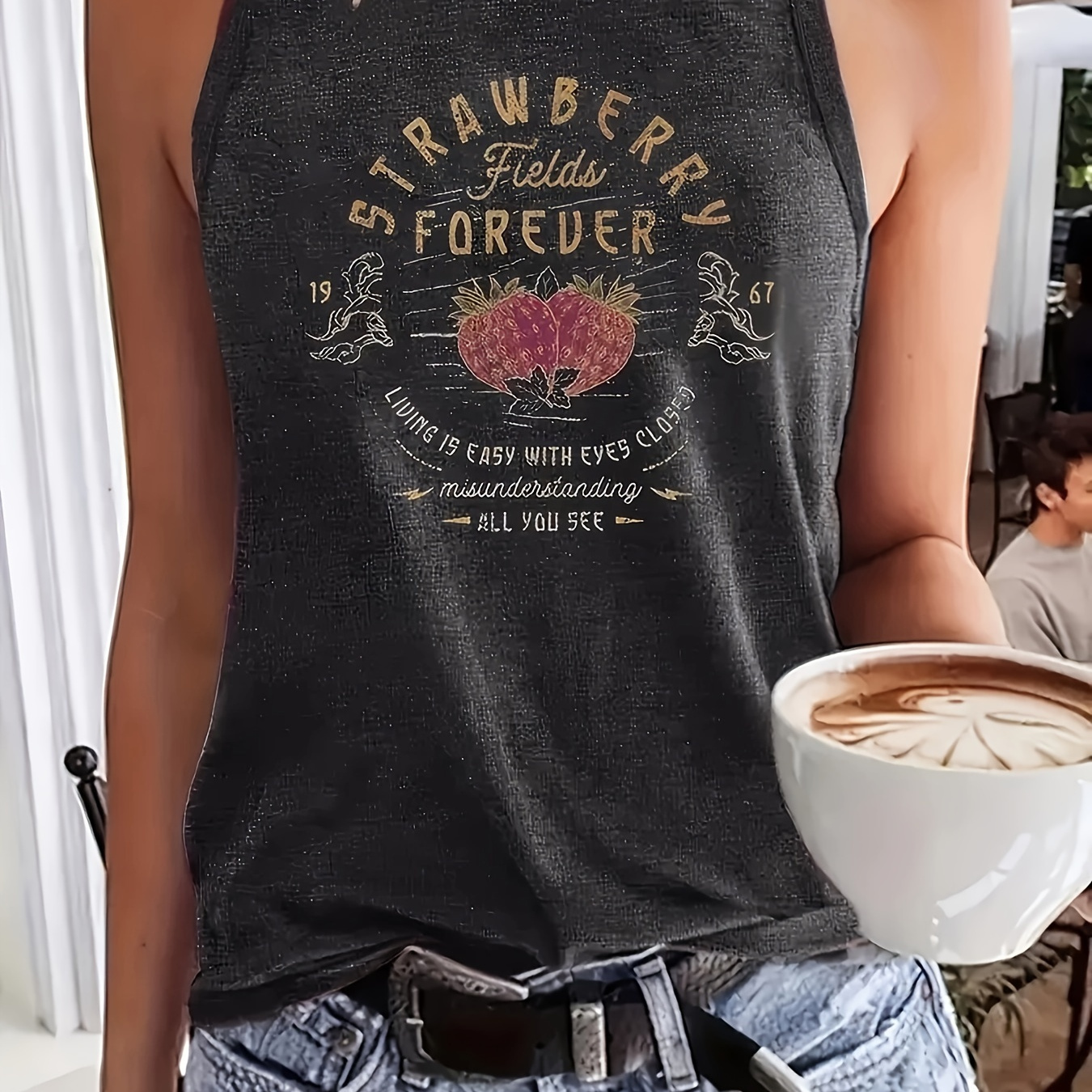 

Plus Size Strawberry & Letter Print Tank Top, Sleeveless Casual Top For Summer & Spring, Women's Plus Size Clothing