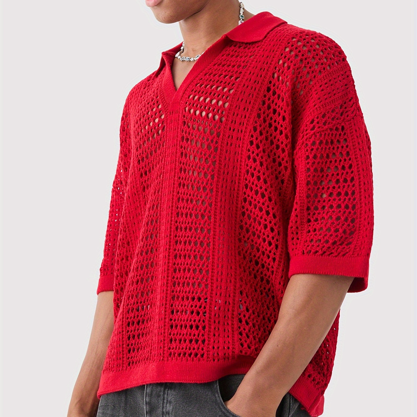 

Men' Color Cut-out Design Knit Lapel Sweater, Casual Trendy Half Sleeve Knitted Top As Gift