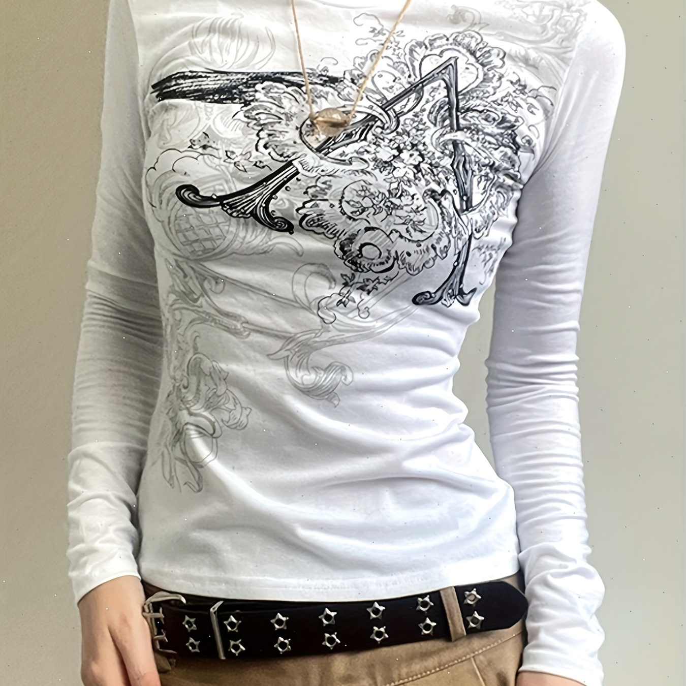 

Y2k Slim Graphic Print Long Sleeve T-shirt, Casual Crew Neck Top For Spring & Fall, Women's Clothing